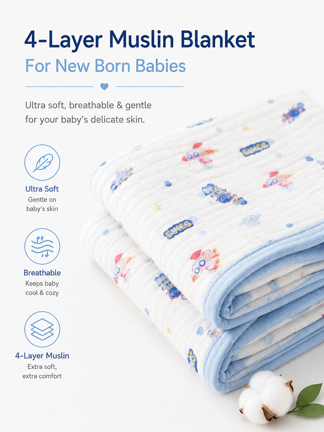 Space Adventure 6-Layer Muslin Cotton Baby Blanket | All-Season | 110×110 cm