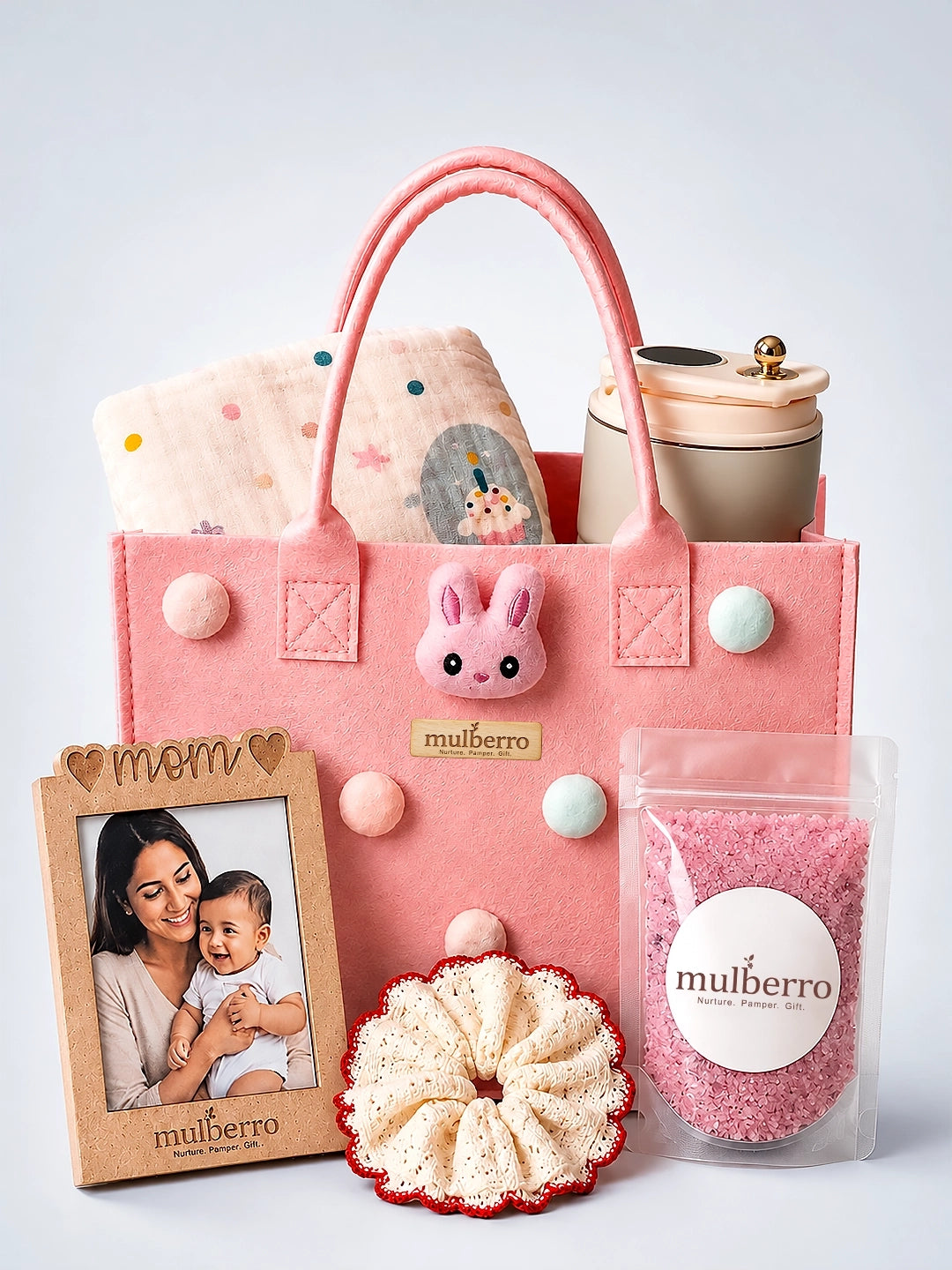 New Mom 6-Piece Baby Shower Gift Hamper | Pink Bunny Felt Tote Bag