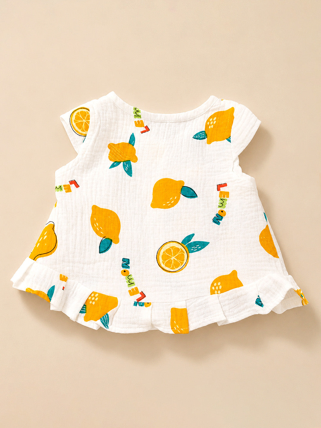 Lemon Print Baby Girl Muslin Frock | Sleeveless Flutter Sleeve Dress | Button Placket & Ruffle Hem