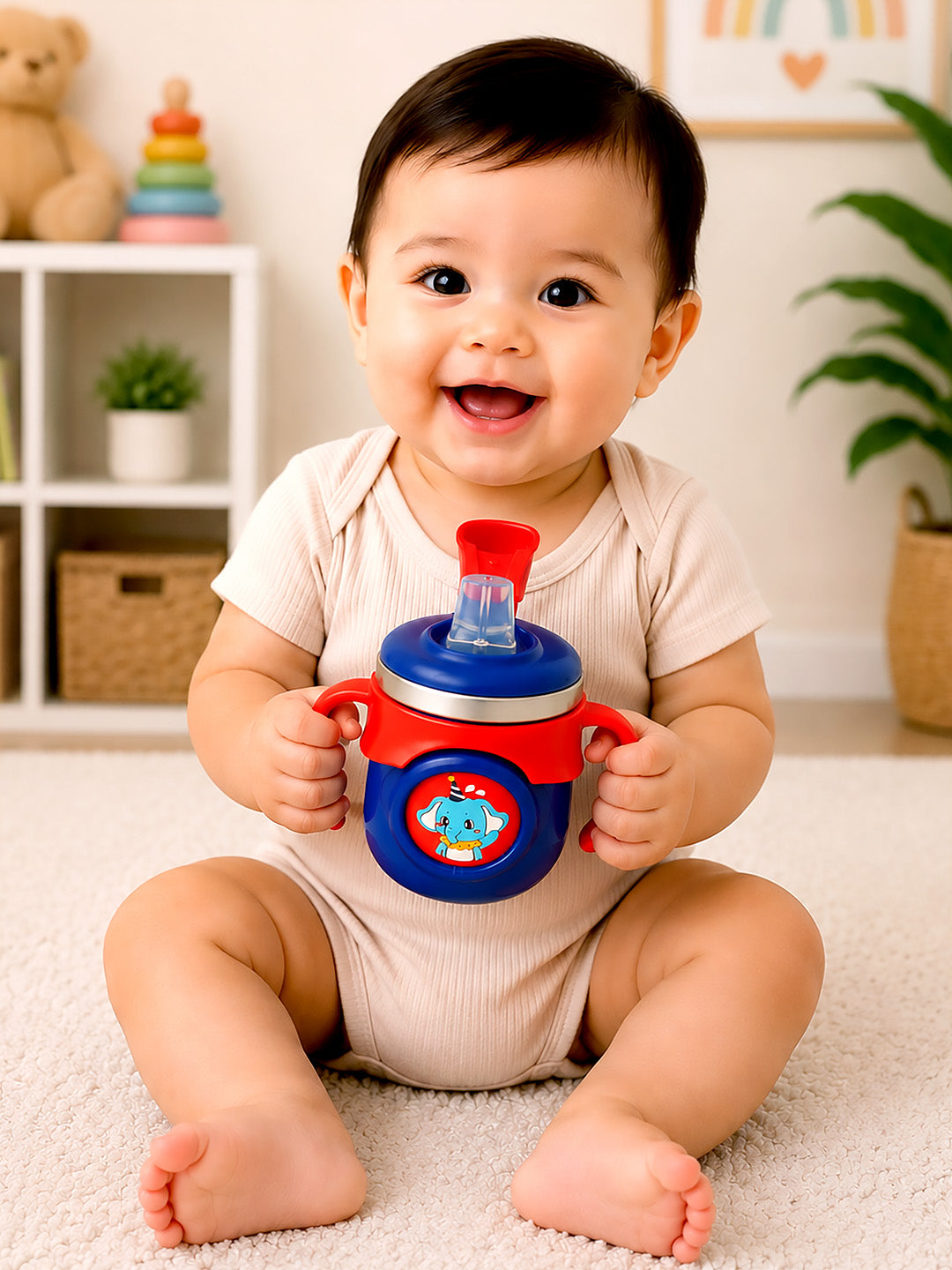 Elephant Stainless Steel Sipper Bottle for Babies & Toddlers — 250ml | Spill-Proof Spout, Flip Straw & Dual Handles