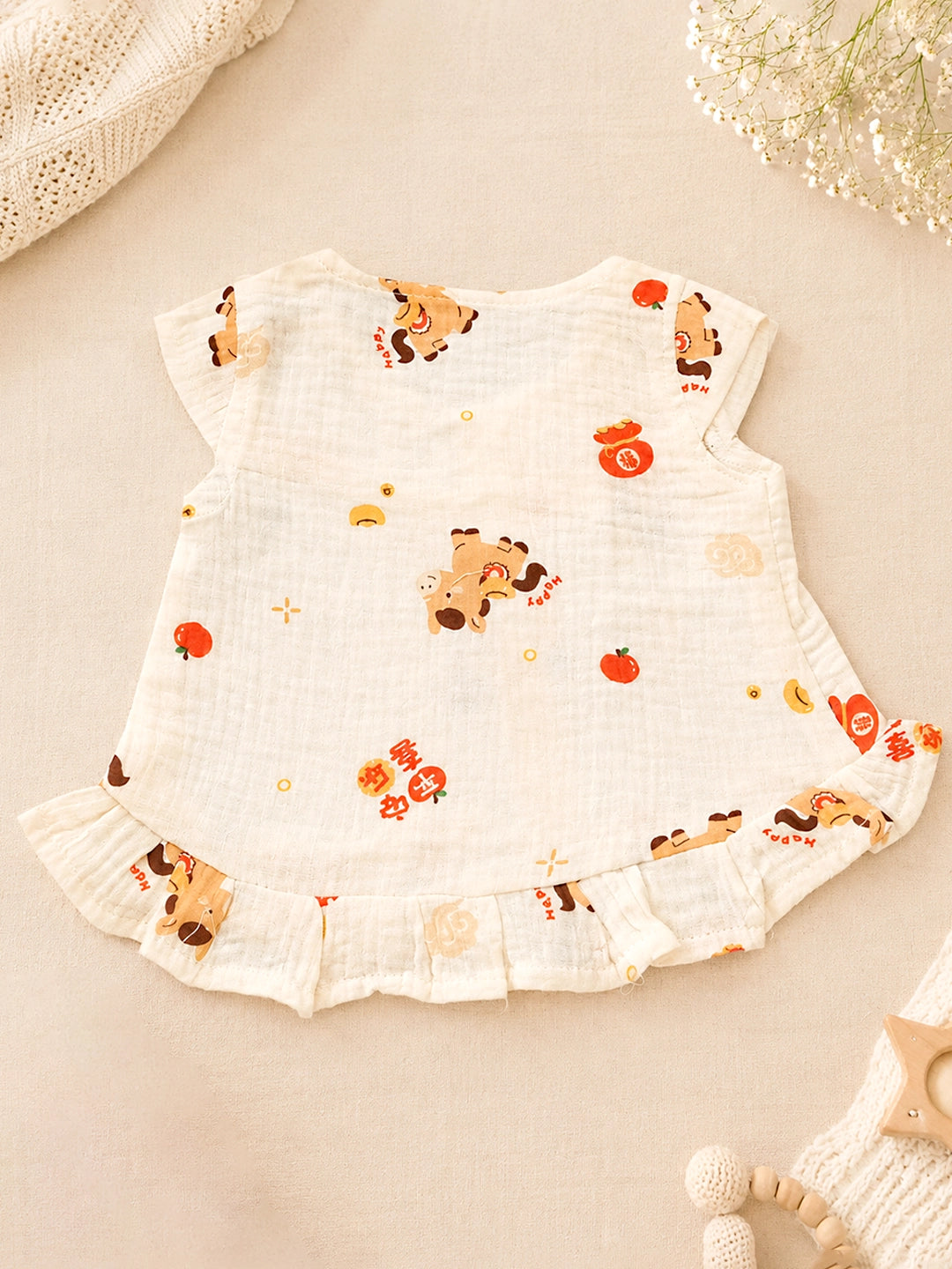 Happy Pony Baby Girl Frock | Muslin Cotton | Flutter Sleeve & Ruffle Hem | 0–6 Months