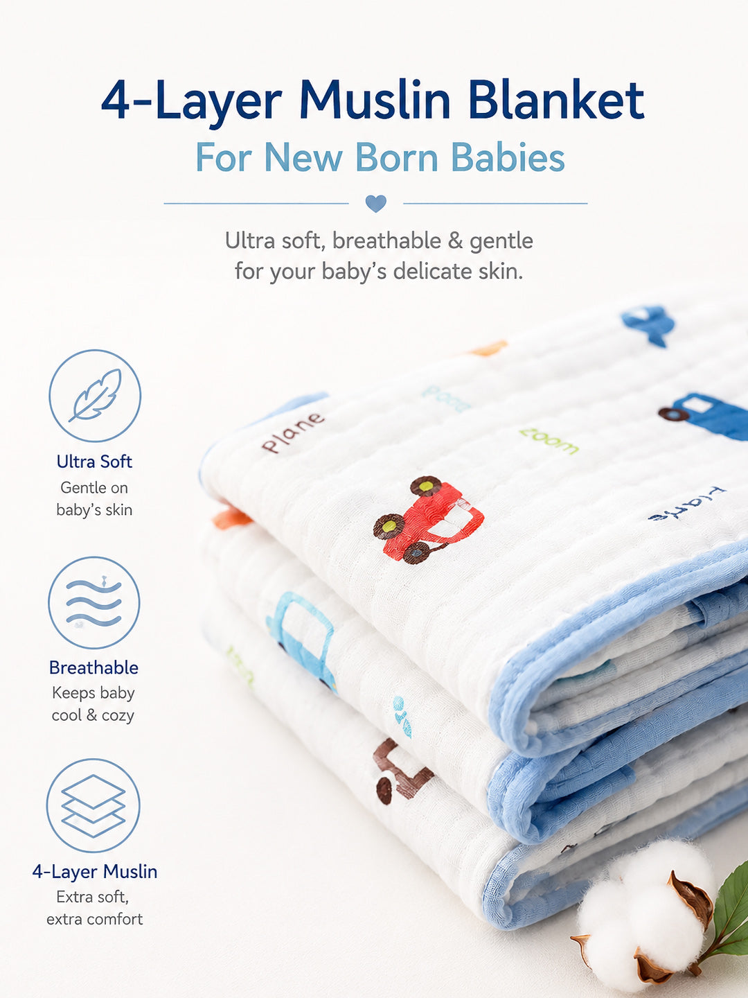 Little Vehicles 6-Layer Muslin Cotton Baby Blanket | All-Season | Blue Border | 110×110 cm