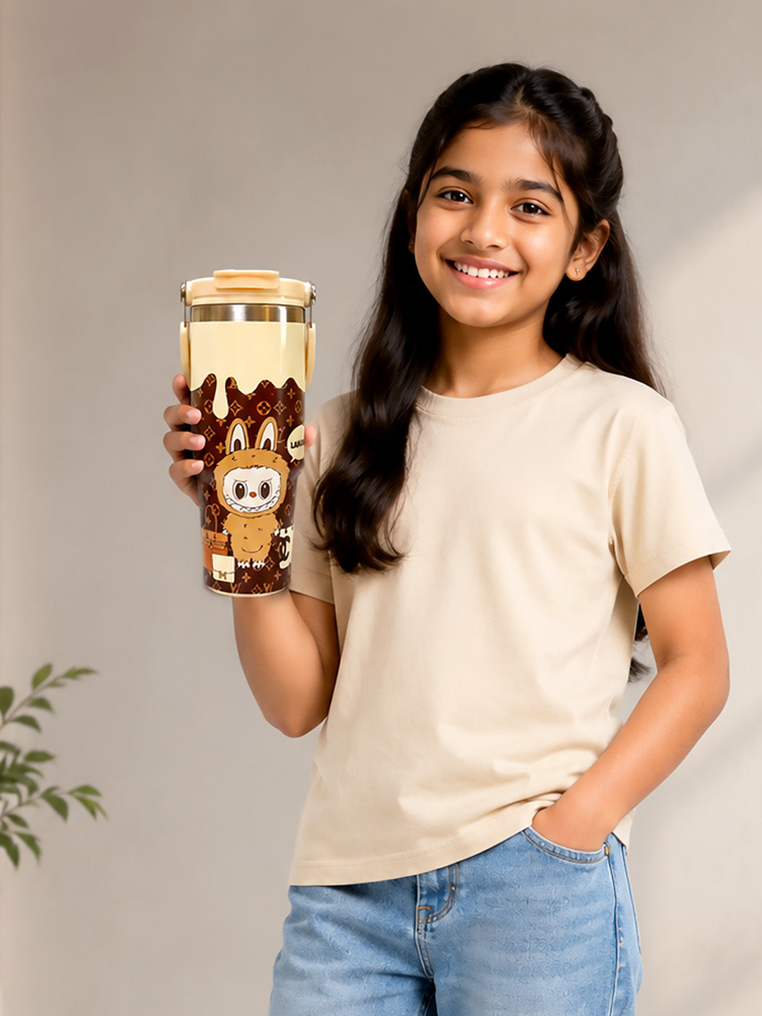 Labubu Monogram Stainless Steel Kids Tumbler | Dual Lid & Carry Handle