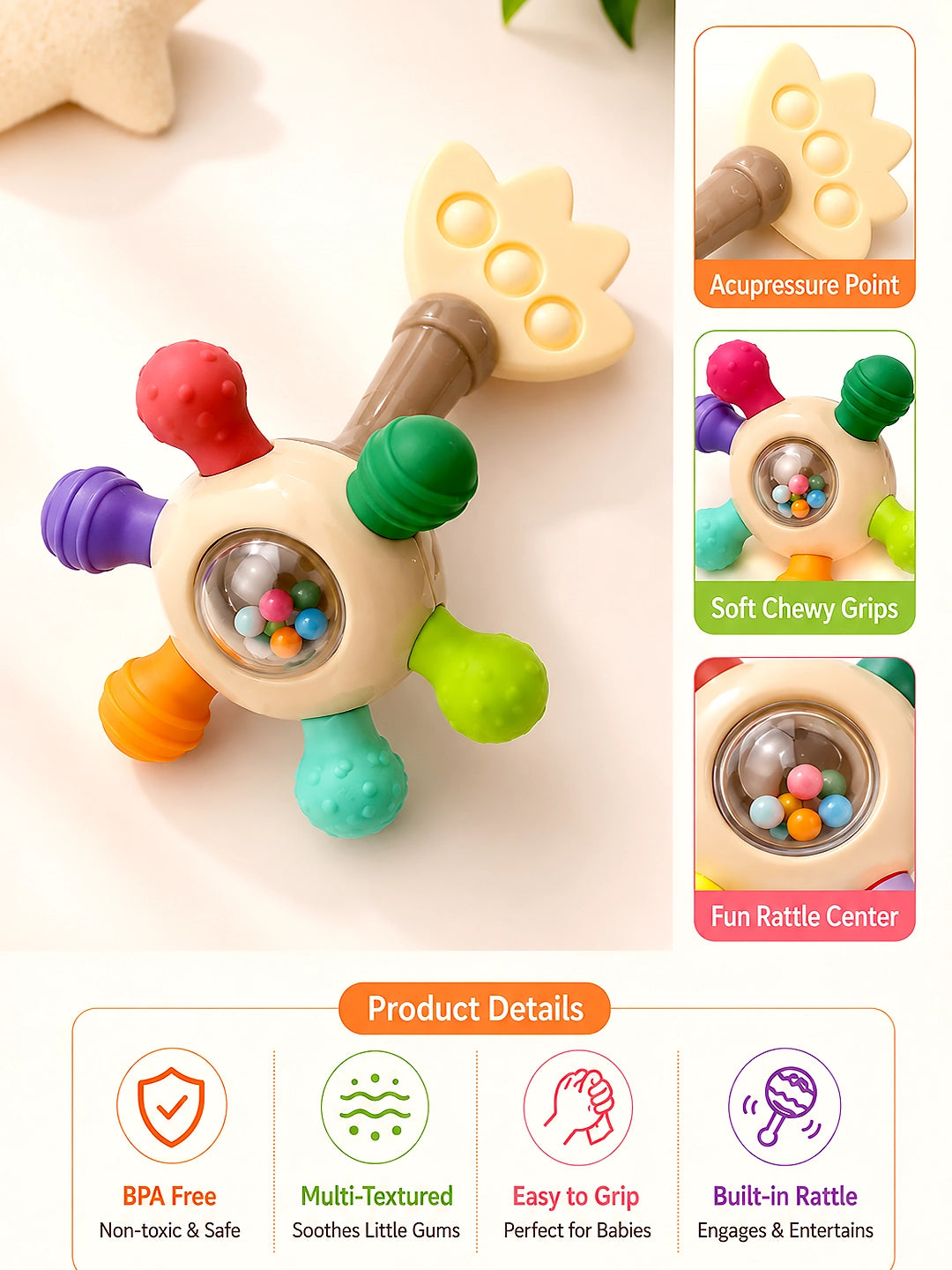 Mulberry Baby Teether Rattle | Multi-Textured Sensory Toy | Teething Relief for Infants