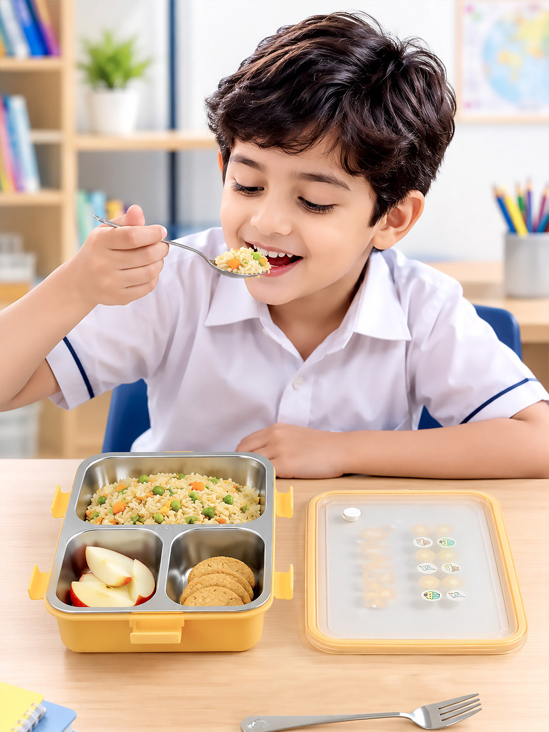 3-Compartment Kids Stainless Steel Lunch Box | Leak-Proof | Fork & Spoon Included