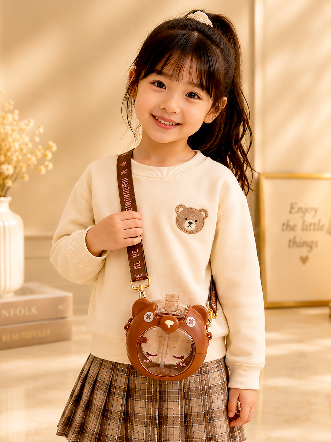 3D Bear Kids Water Bottle — 630ml | Flip Lid, Straw & Crossbody Strap