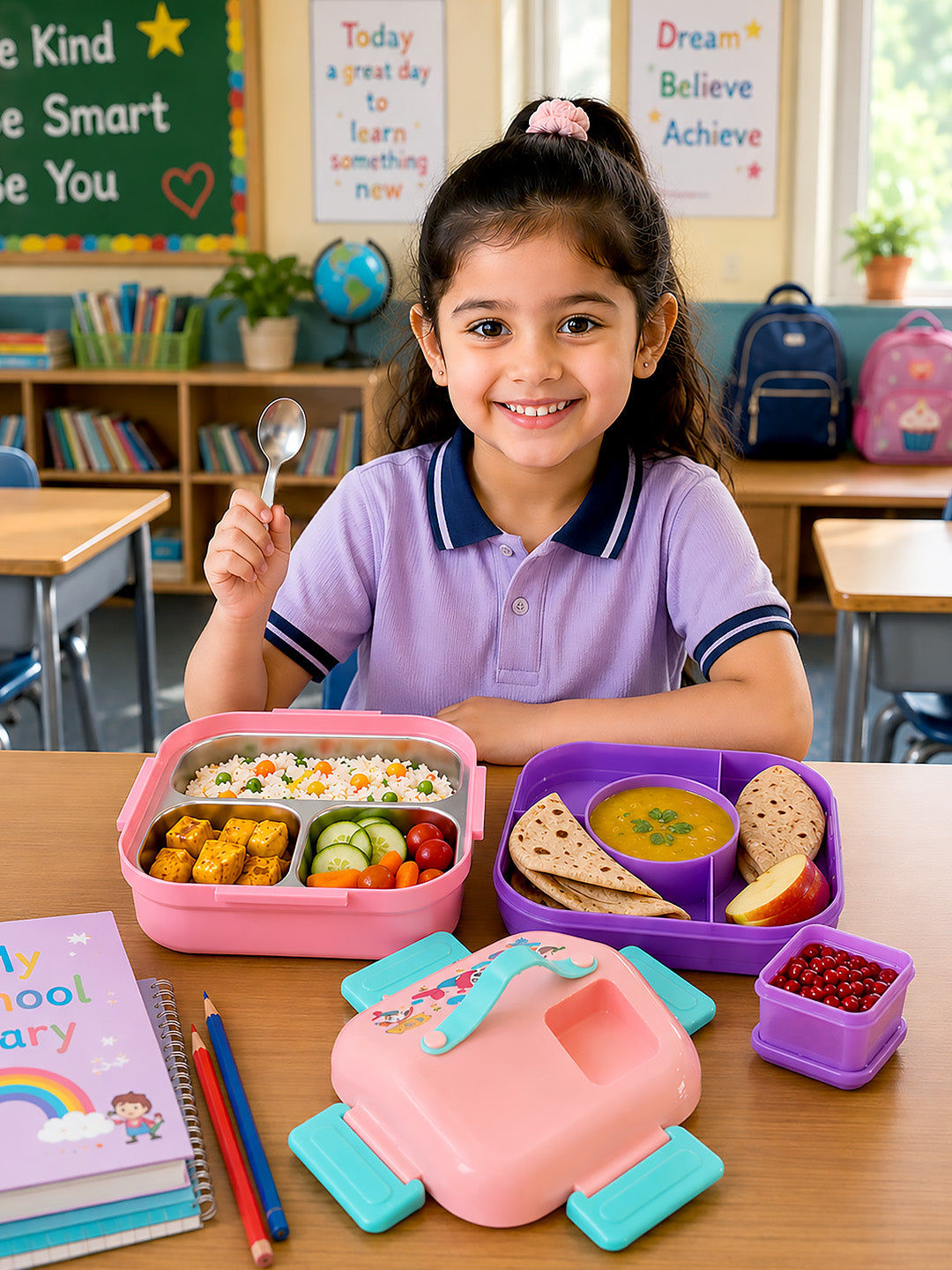 Mermaid Unicorn 2-Tier Kids Lunch Box | SUS304 Stainless Steel | Leak-Proof | Spoon & Sauce Box Included
