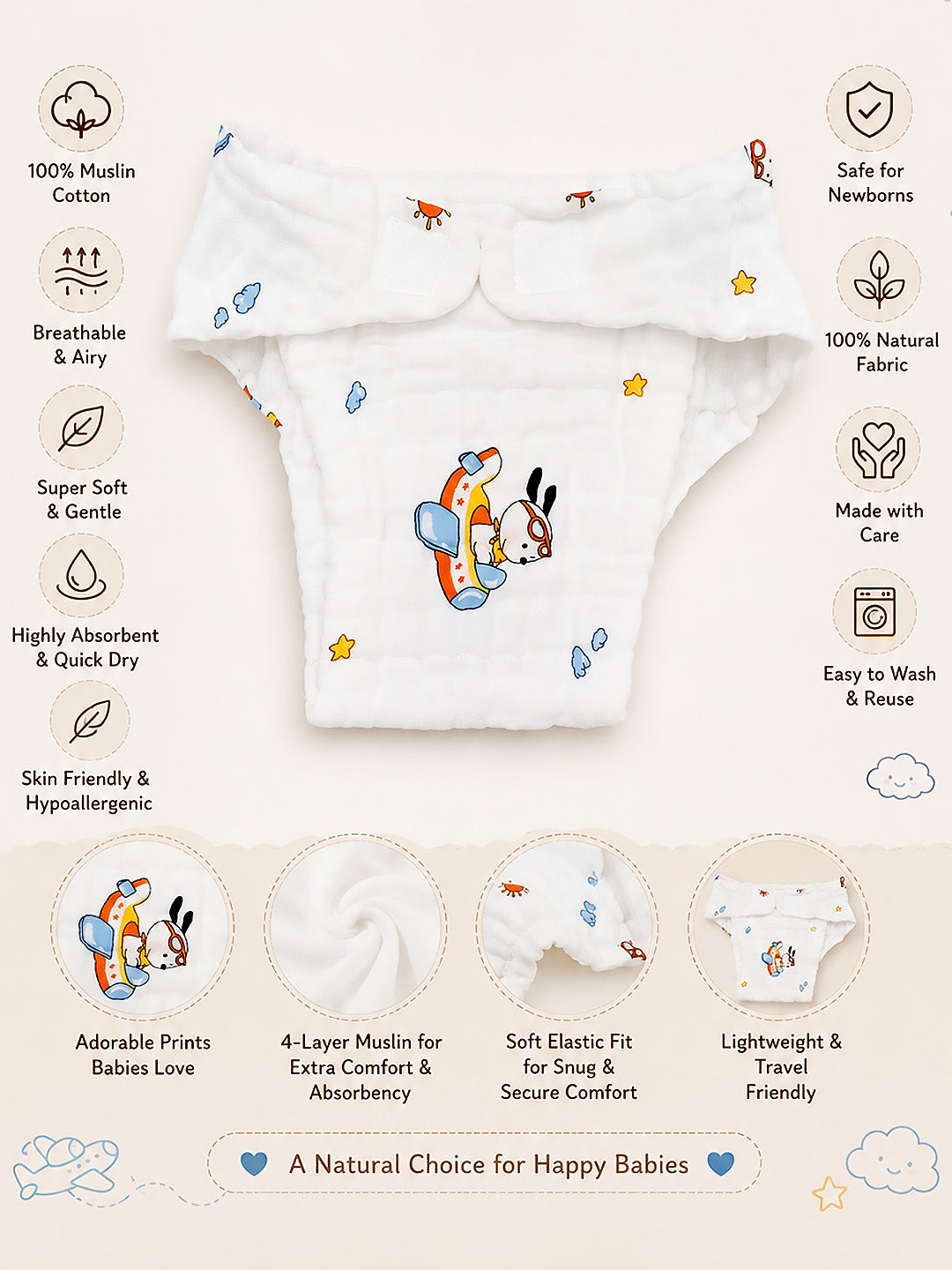 4-Layer Muslin Cloth Nappy | Cute Prints | Pack of 5 | 100% Pure Cotton | Reusable Baby Diaper