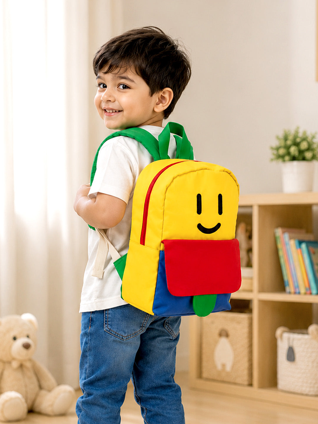 Smiley Face Kids Backpack – Bright Multicolour Toddler & Kids School Bag with Safety Leash