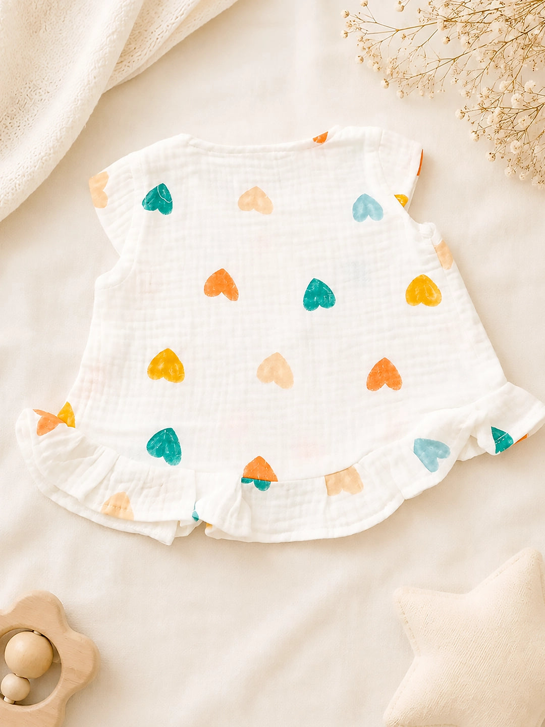Colourful Hearts Baby Girl Frock | Muslin Cotton | Cap Sleeve & Ruffle Hem | 0–6 Months