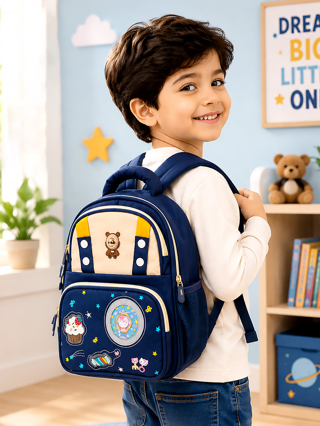 Navy Blue Kids Backpack with LED Bear Light & Candy Patch Design for Boys & Girls