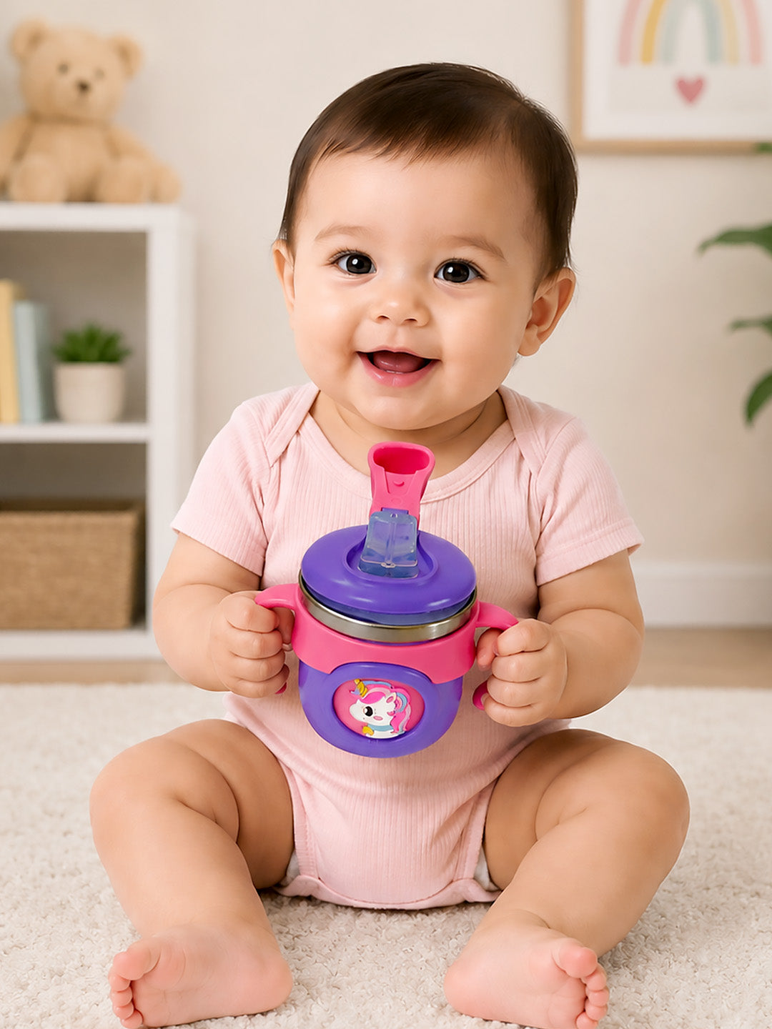 Unicorn Stainless Steel Sipper Bottle for Babies & Toddlers — 250ml | Spill-Proof Spout, Flip Straw & Dual Handles