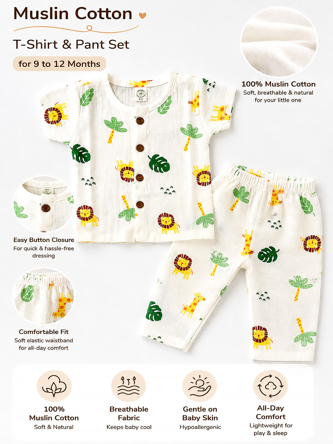 Safari Jungle Baby Pyjama Set | Muslin Cotton | Half Sleeve Top & Full Pants