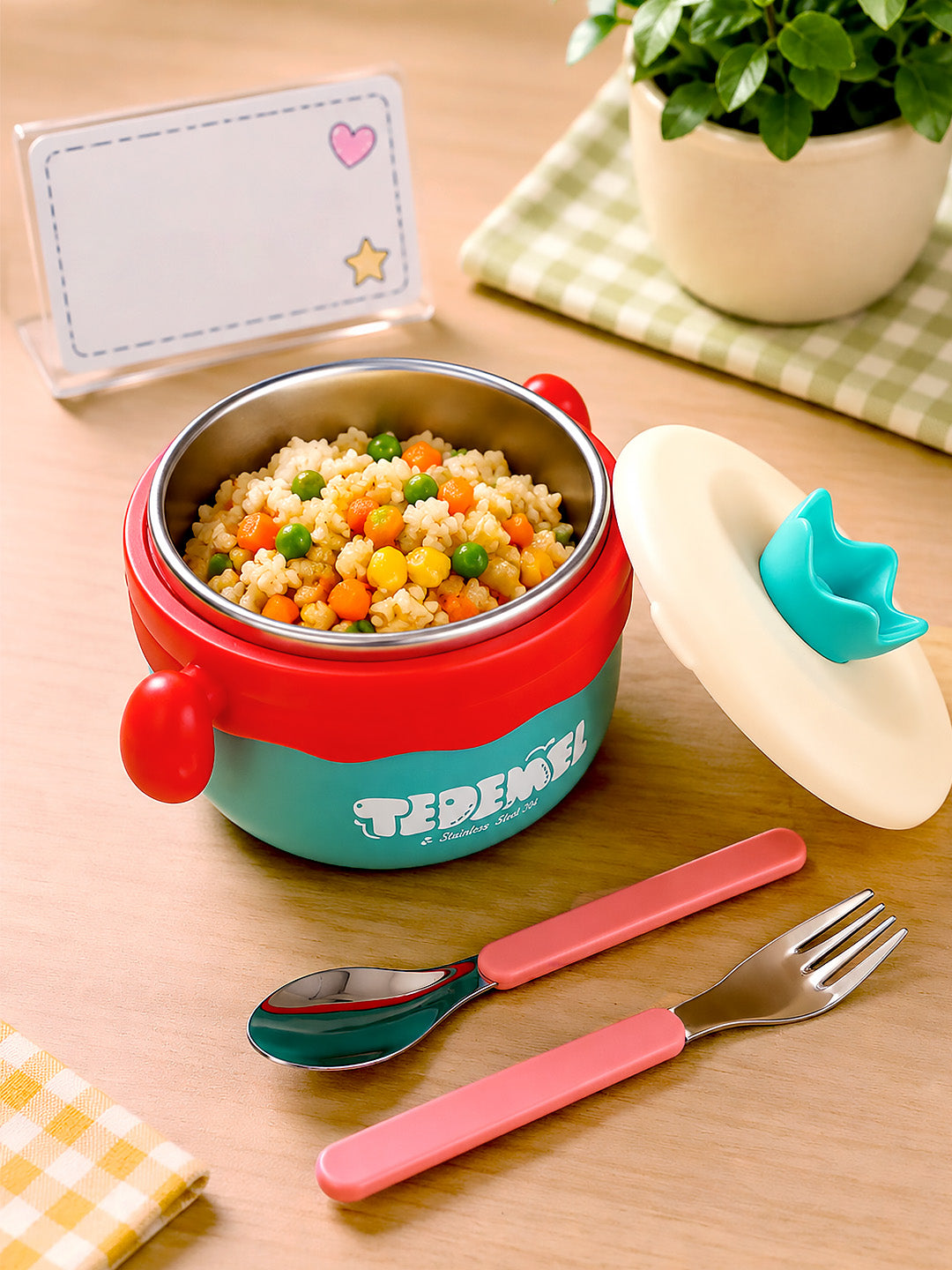 Kids Round Insulated Lunch Bowl | Stainless Steel | Double-Layer | Fork & Spoon Included