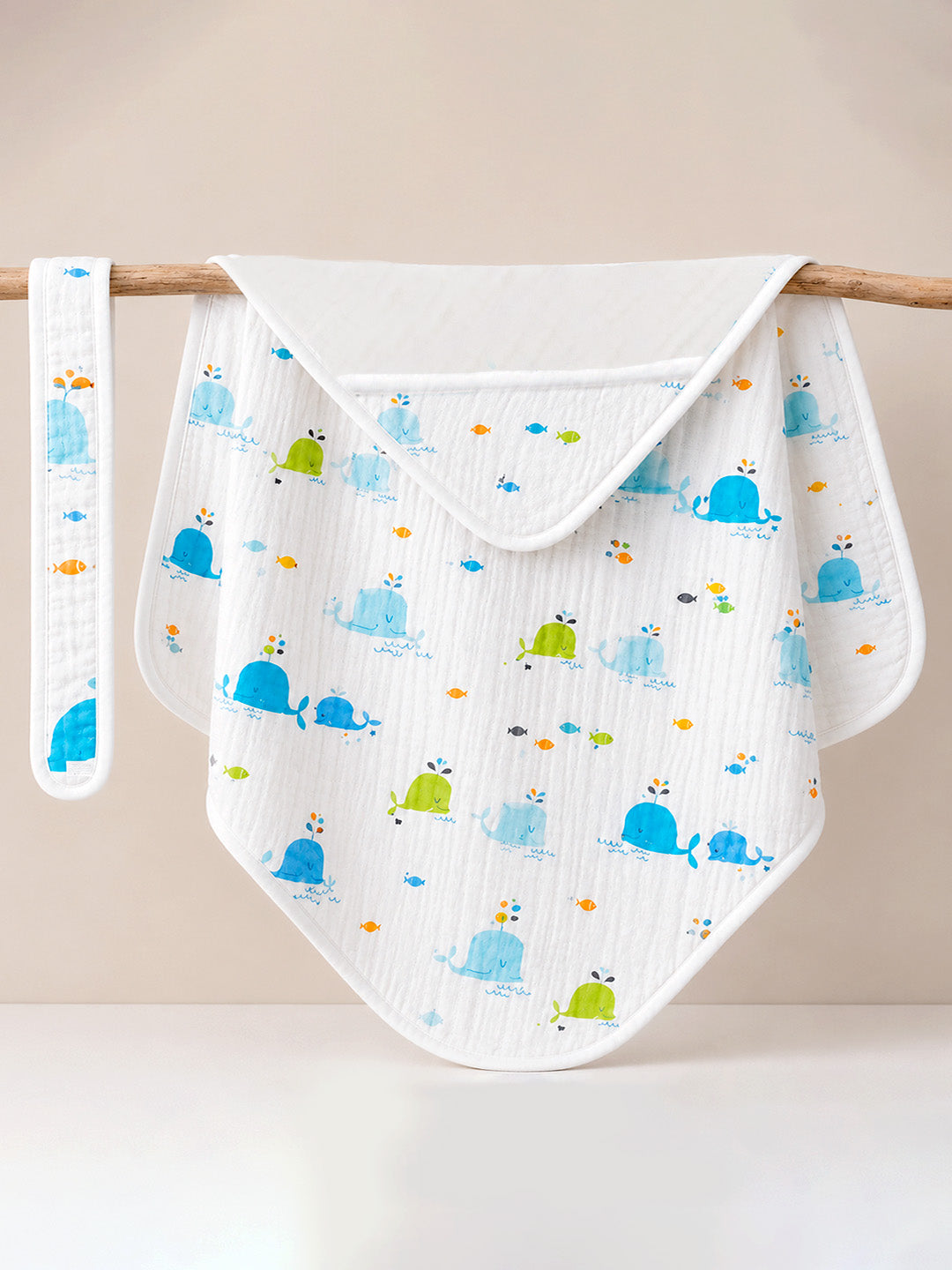 Happy Whales Hooded Swaddle Blanket | 6-Layer Muslin Cotton | Newborn Wrap