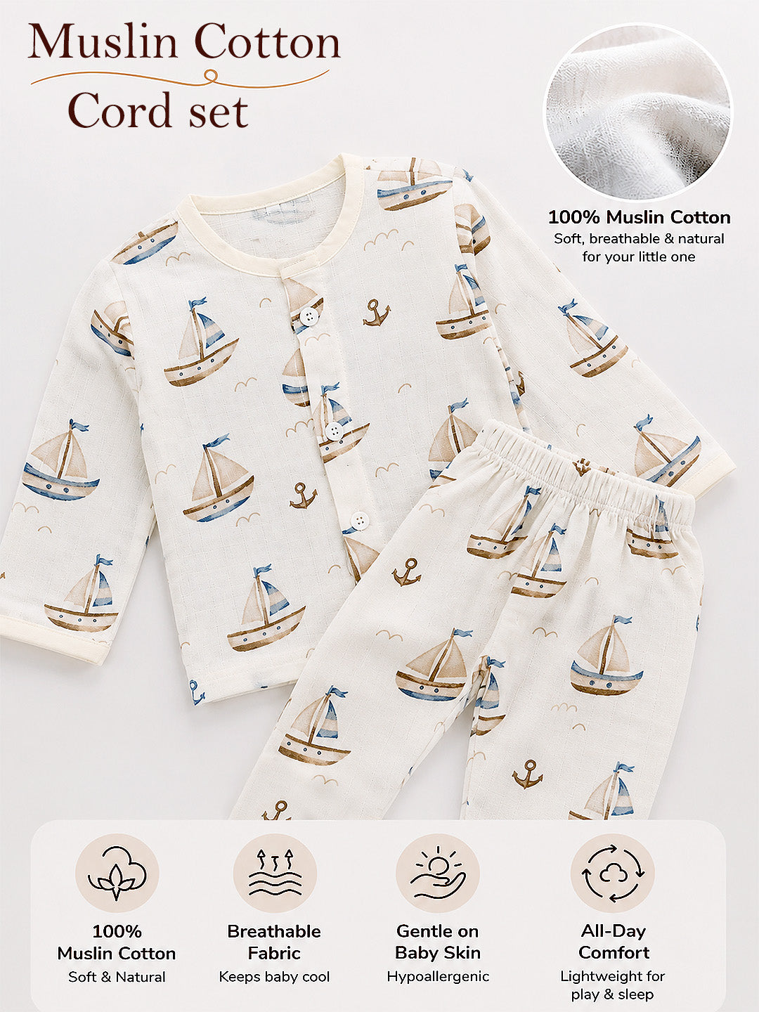 Little Sailor Baby Co-ord Set | Muslin Cotton | Full Sleeve Top & Full Pants | 0–12 Months