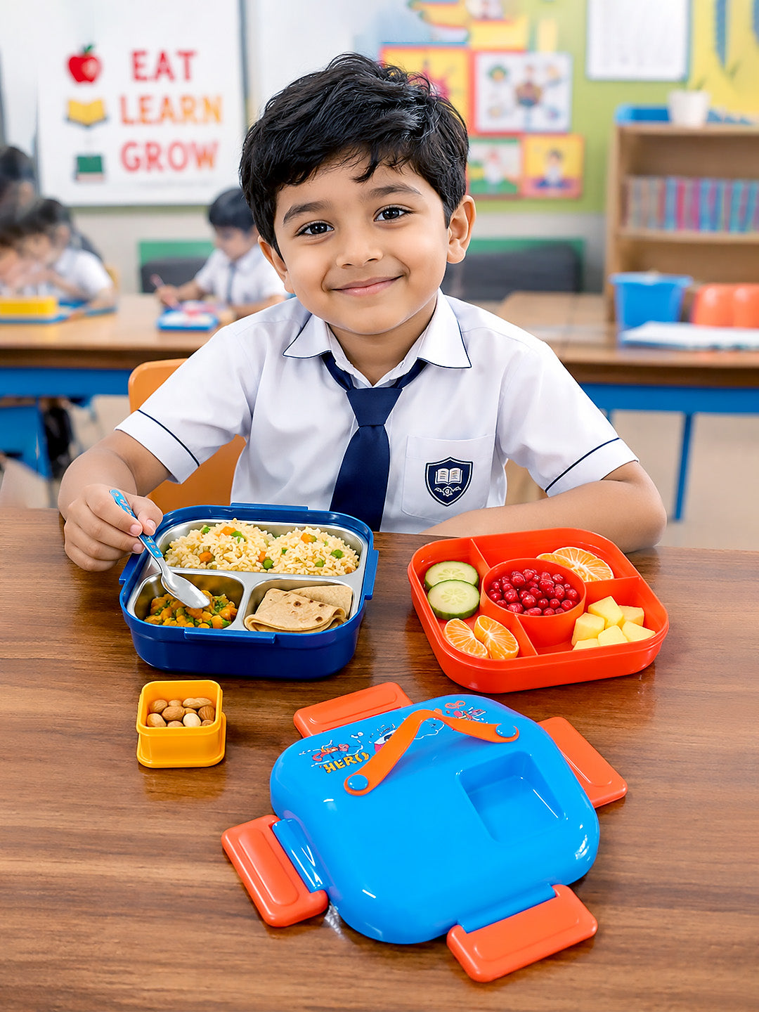 Rocket "To Fly Time" 2-Tier Kids Lunch Box | Stainless Steel | Leak-Proof | Spoon & Sauce Box Included
