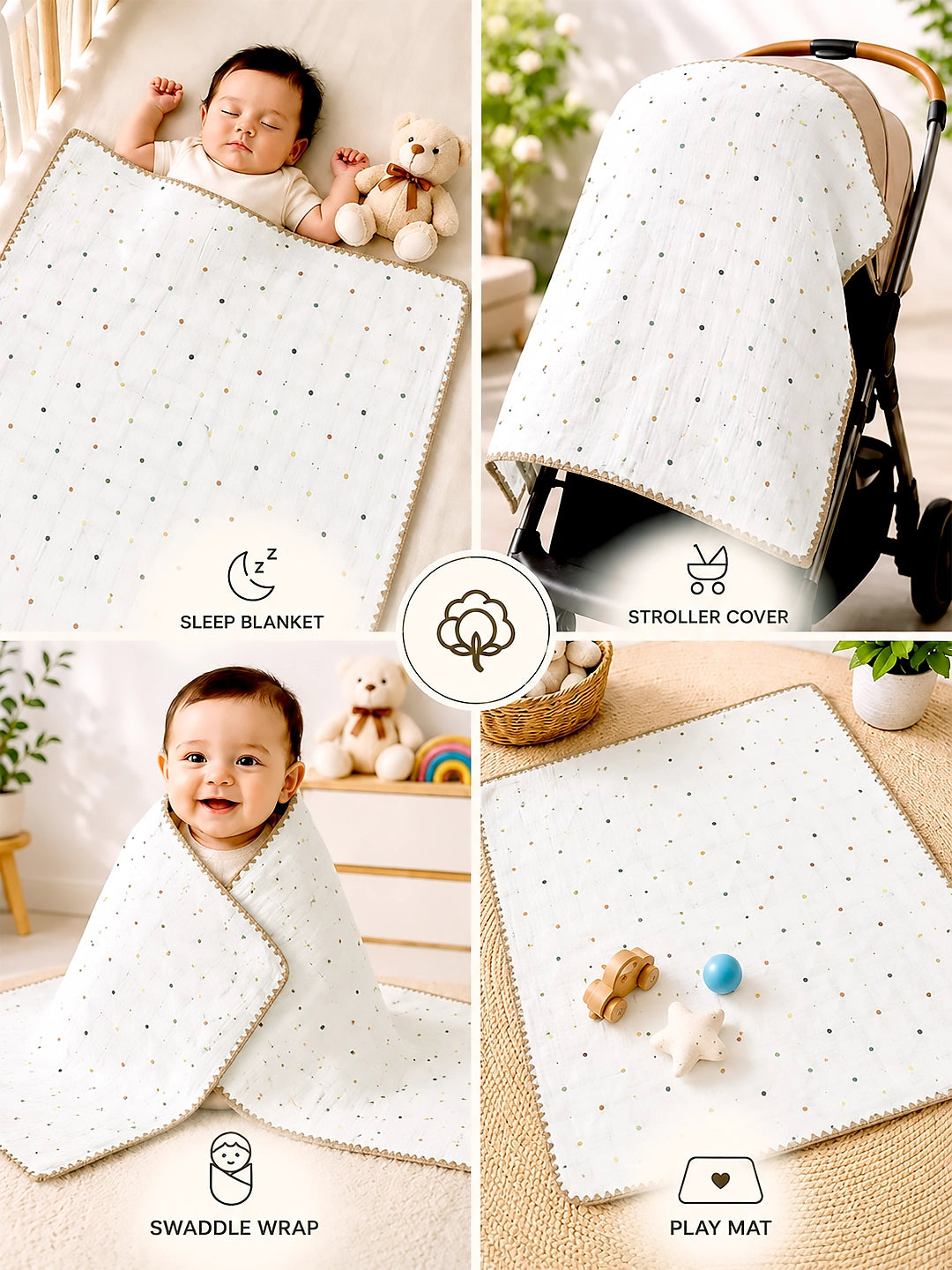 Confetti Dots Ivory Super Soft Muslin Cotton Baby Blanket | All-Season | Tan Border | 102×102 cm