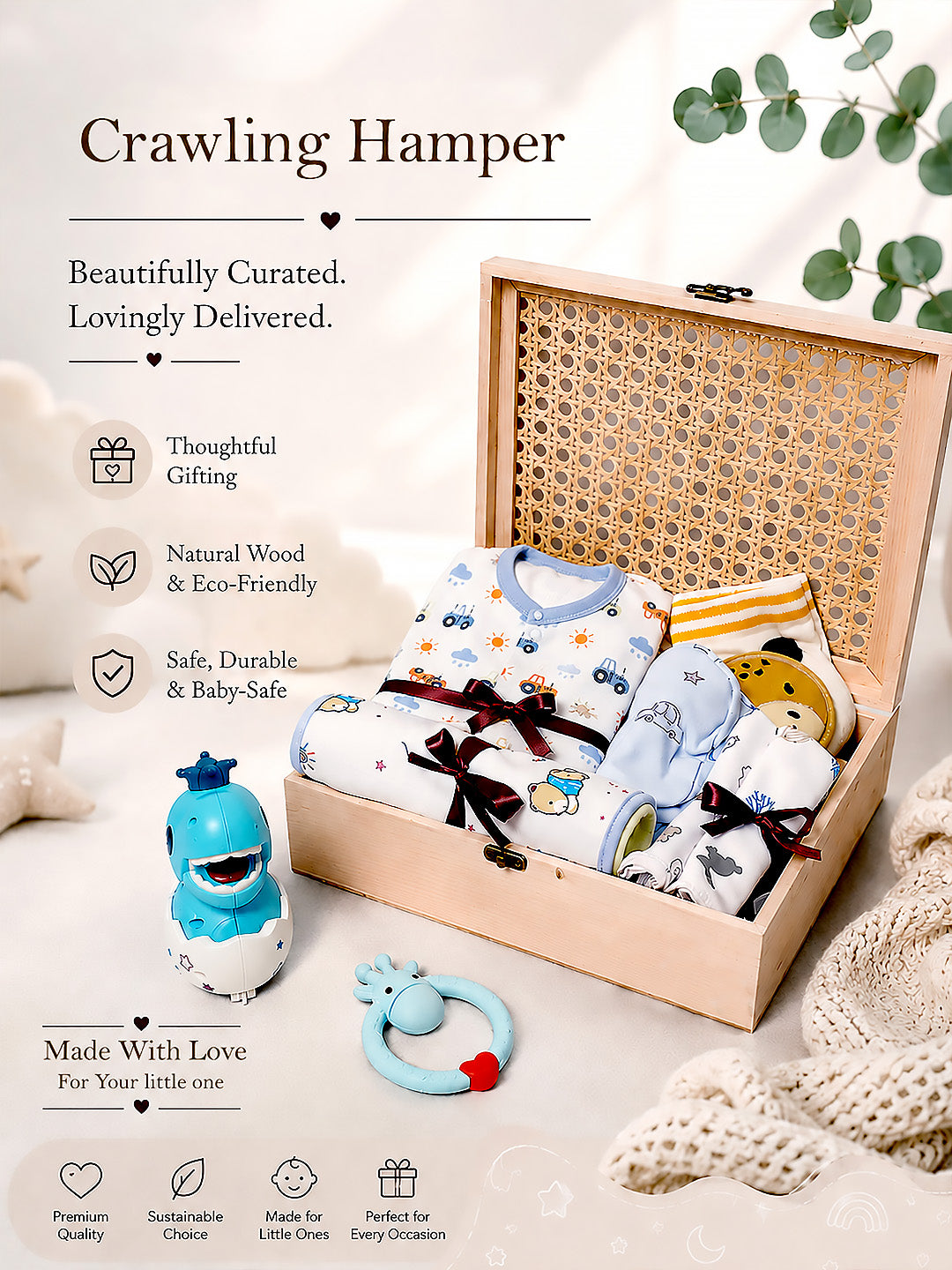 Crawling Baby | Annaprashana Ceremony | 18-Piece Gift set | Pure Cotton | Wooden Box | 6–12 Months