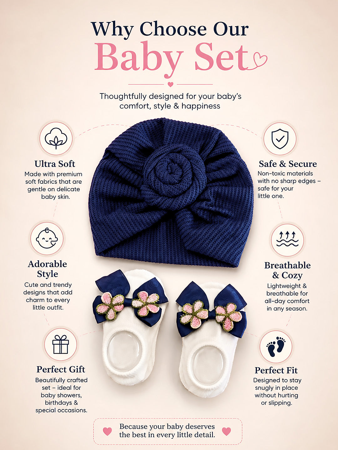 Baby Girl Soft Turban Cap & 3D Floral Booties Set | Navy Blue | Infant Party Wear Gift Set