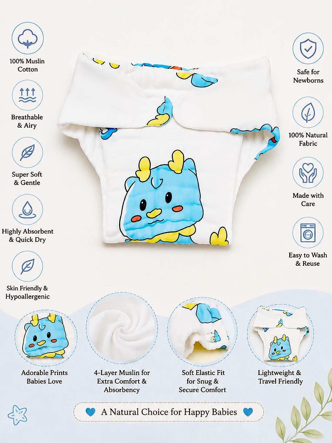 4-Layer Muslin Cloth Nappy | Cartoon Prints | Pack of 5 | 100% Pure Cotton | Reusable Baby Diaper