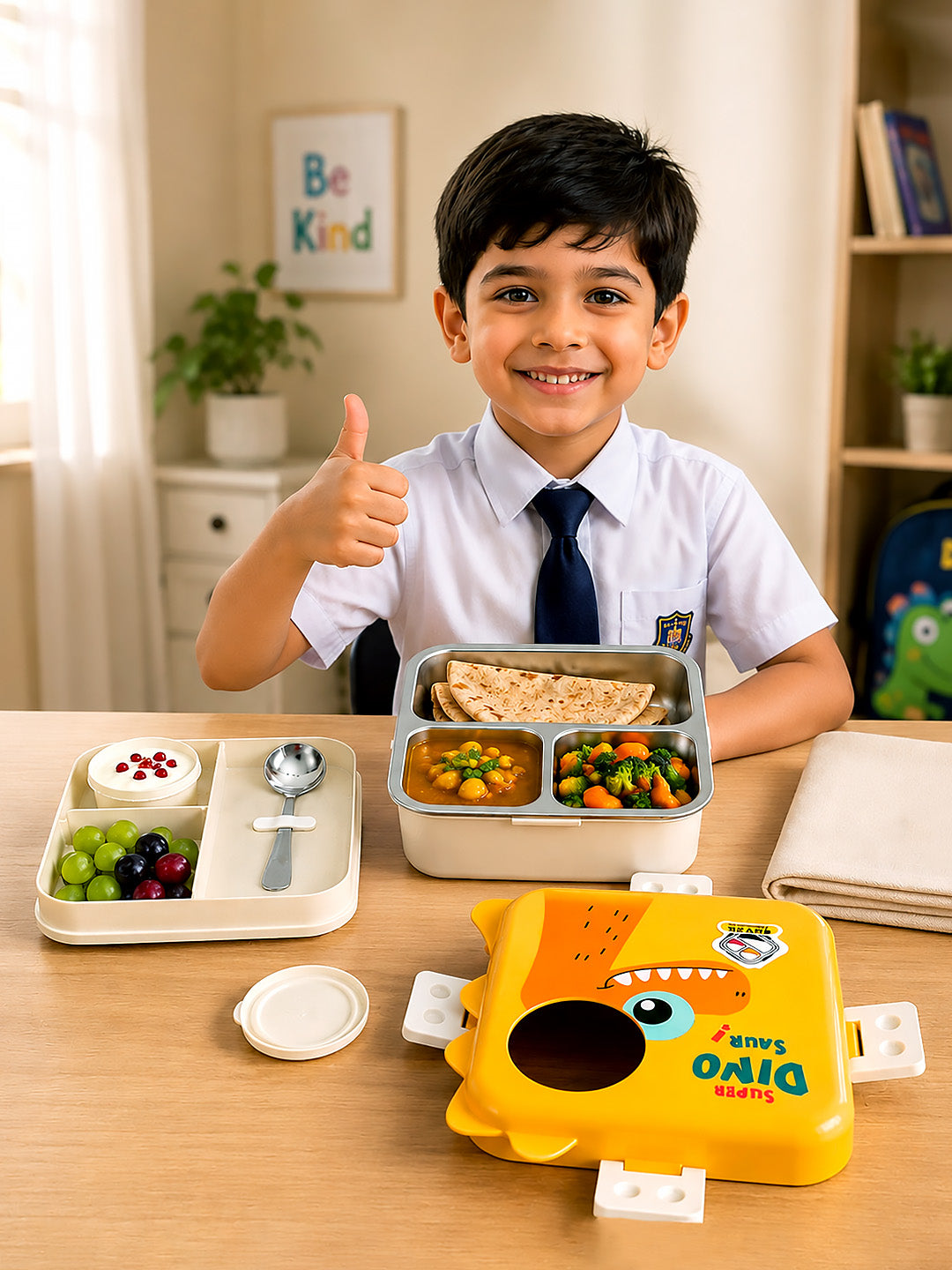 Super Dinosaur Kids Stainless Steel Lunch Box with Compartments & Spoon