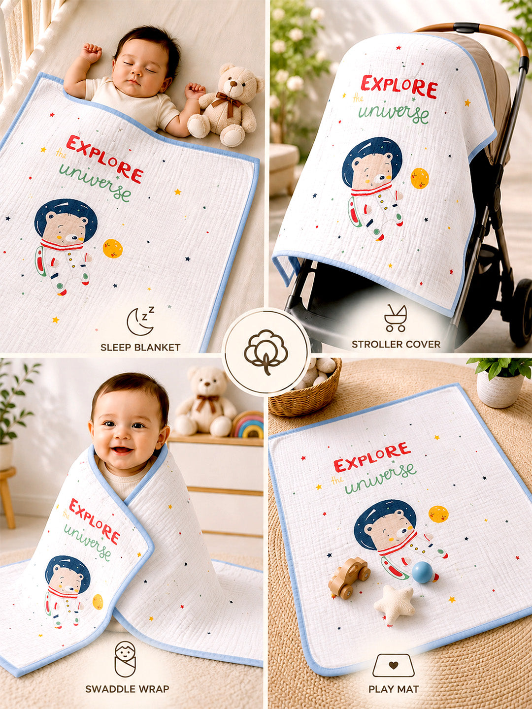 Explore the Universe Astronaut Bear 6-Layer Muslin Cotton Baby Blanket | All-Season | 102×102 cm