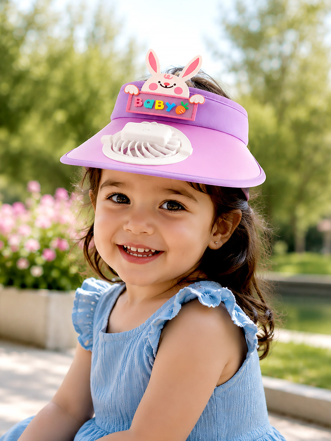 Pink Purple 3D Bunny Kids Sun Visor Cap with Built-In Fan | Adjustable | Girls 2–6 Years