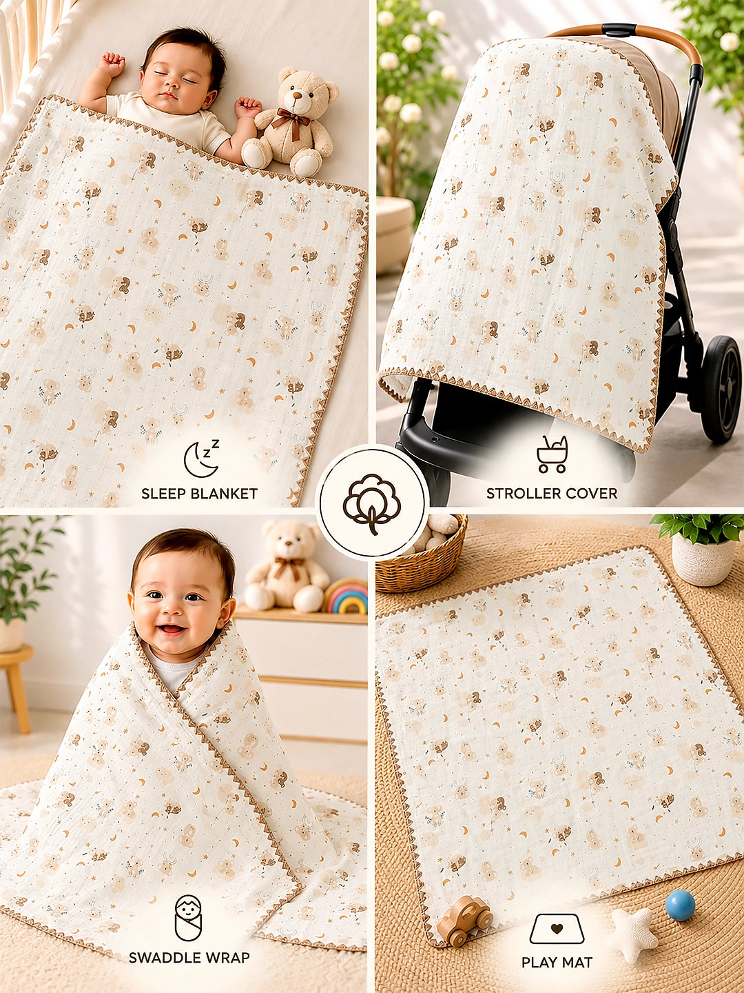 Dreamy Koala & Stars Super Soft Muslin Cotton Baby Blanket | All-Season | Ivory & Gold | 102×102 cm