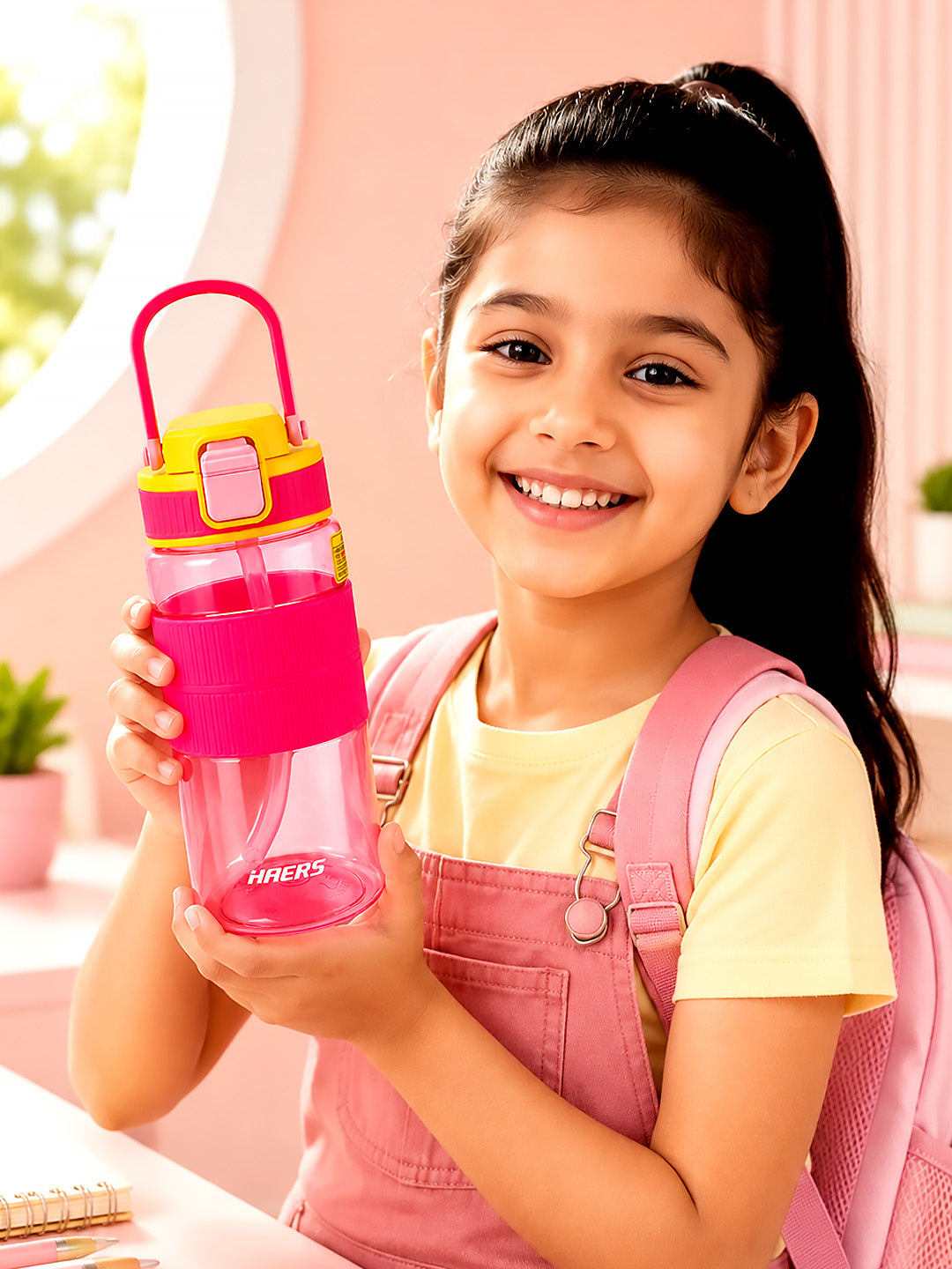 Pink Kids Water Bottle — 500ml | One-Touch Flip Lid & Built-in Straw