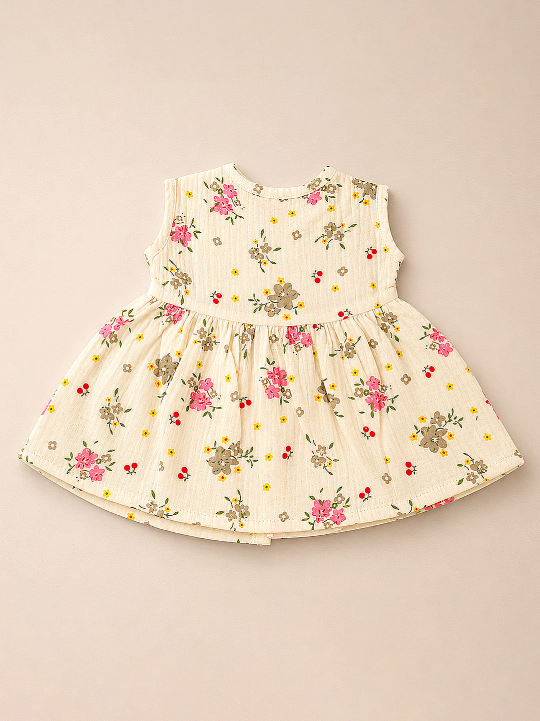 Floral Ditsy Baby Girls Muslin Frock | Sleeveless A-Line Dress | Wooden Buttons | 0–12 Months