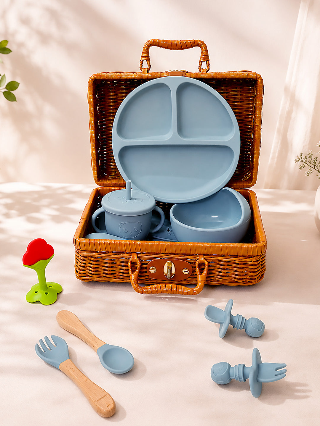 11-Piece Little Foodie Baby Weaning Gift Hamper | Silicone Feeding Set | Dino Space Theme | Cane Basket | 0-24 Months