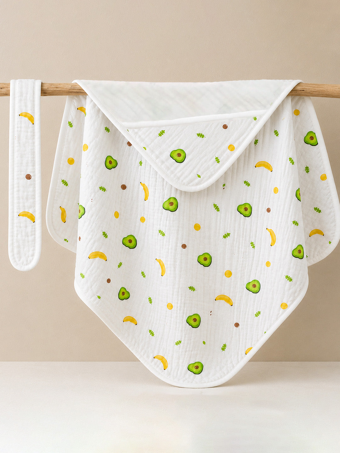 Avocado & Banana Hooded Swaddle Blanket | 6-Layer Muslin Cotton | Newborn Wrap