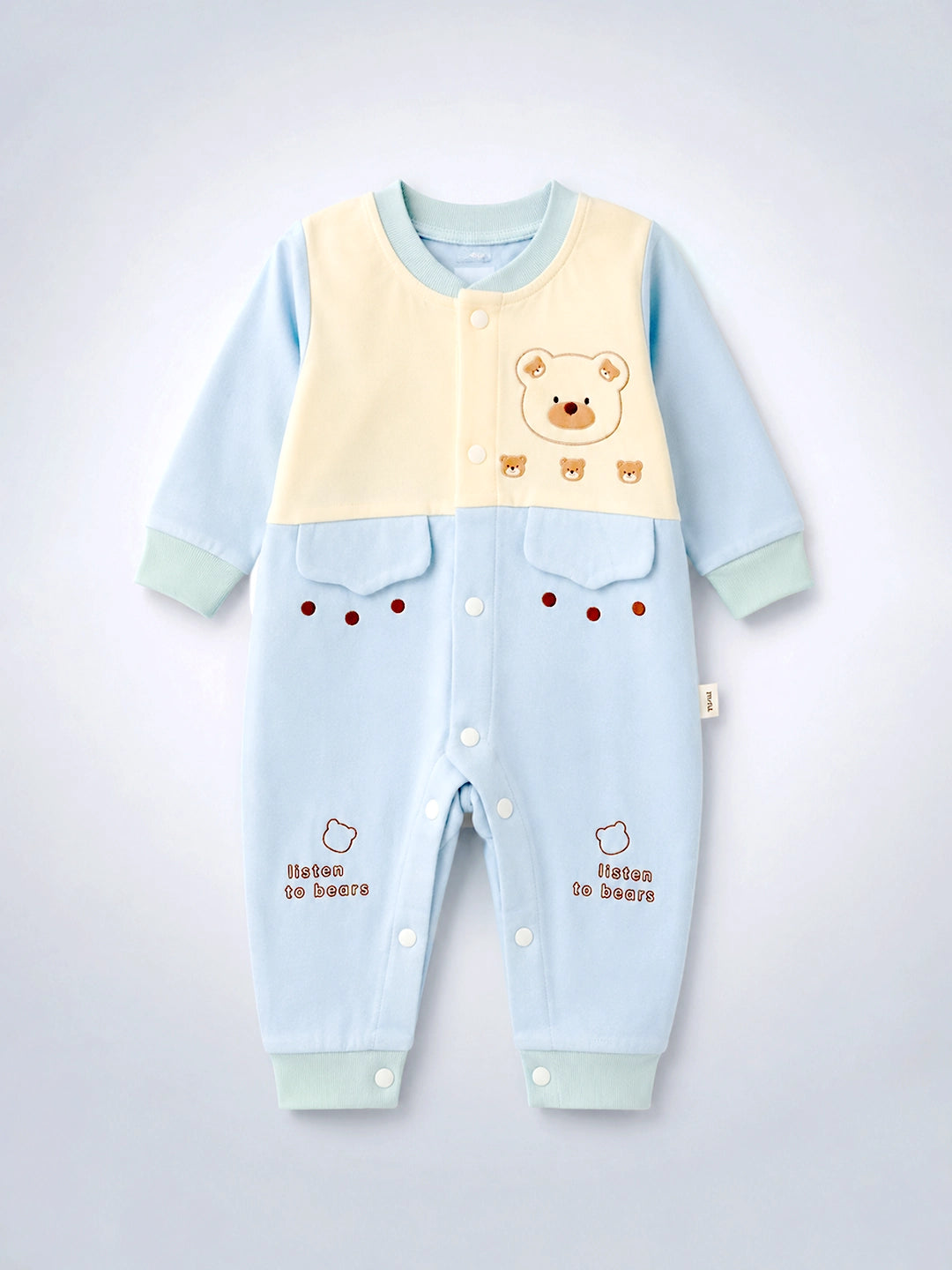 Bear Embroidery Baby Romper | Full Sleeve | Snap Button | Footless | 0–12 Months