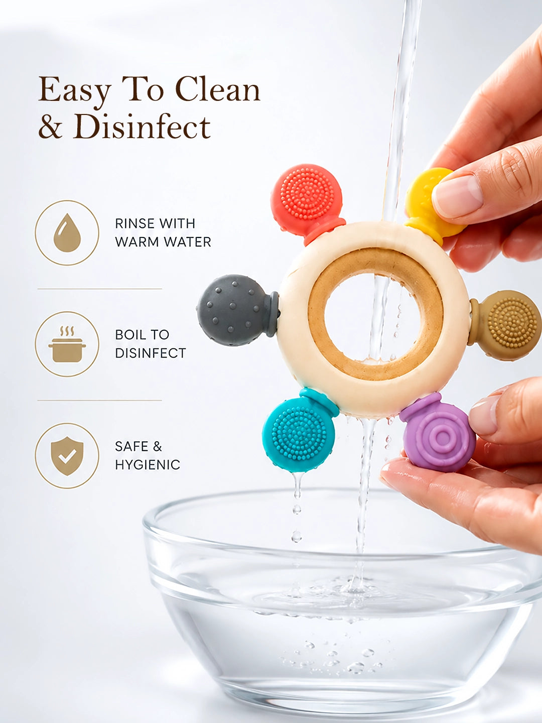 Multi-Texture Silicone & Wood Baby Teether Ring | BPA Free | 5 Sensory Beads