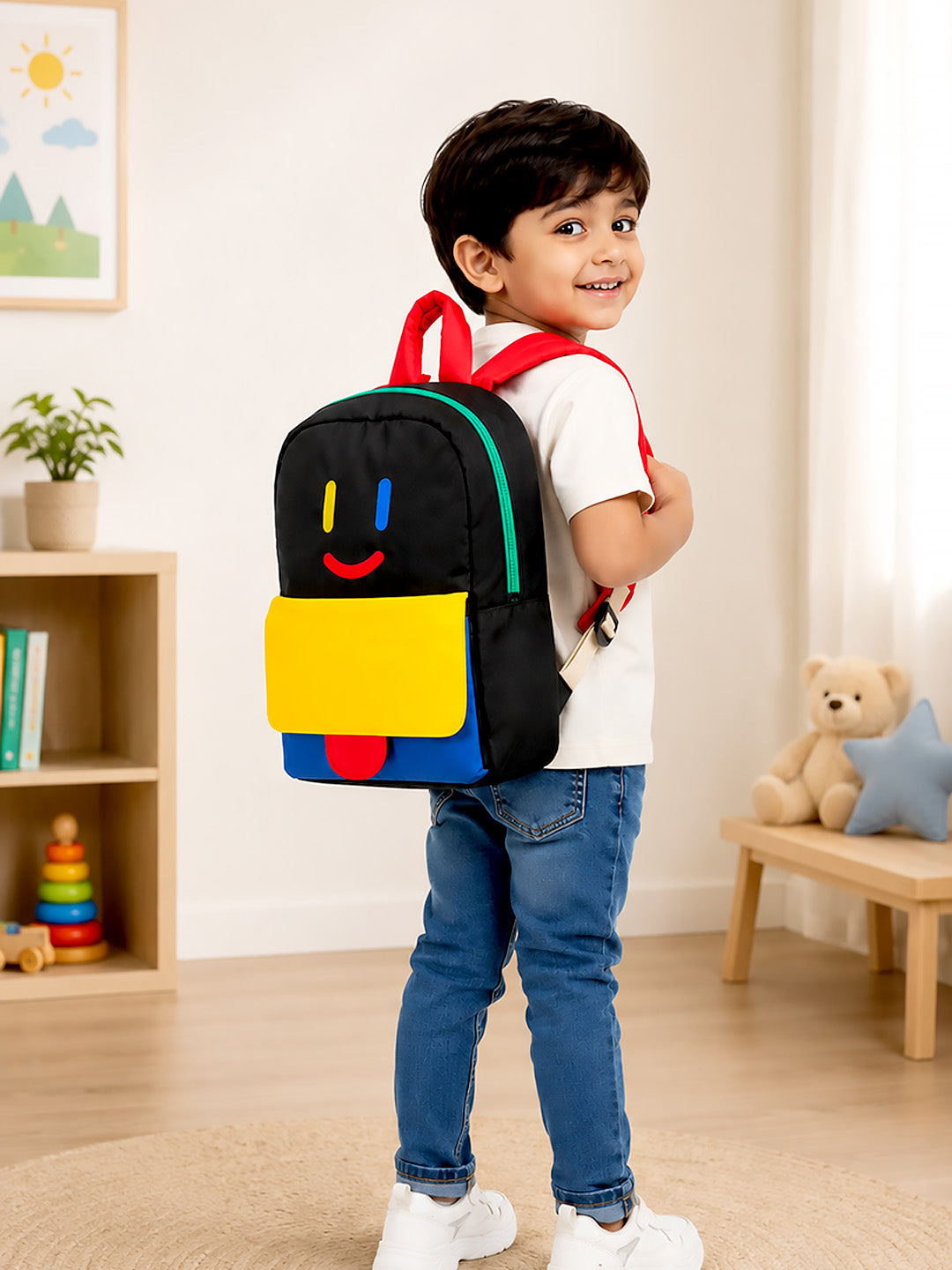 Kids Smiley Face Colour Block Backpack – Black Multi