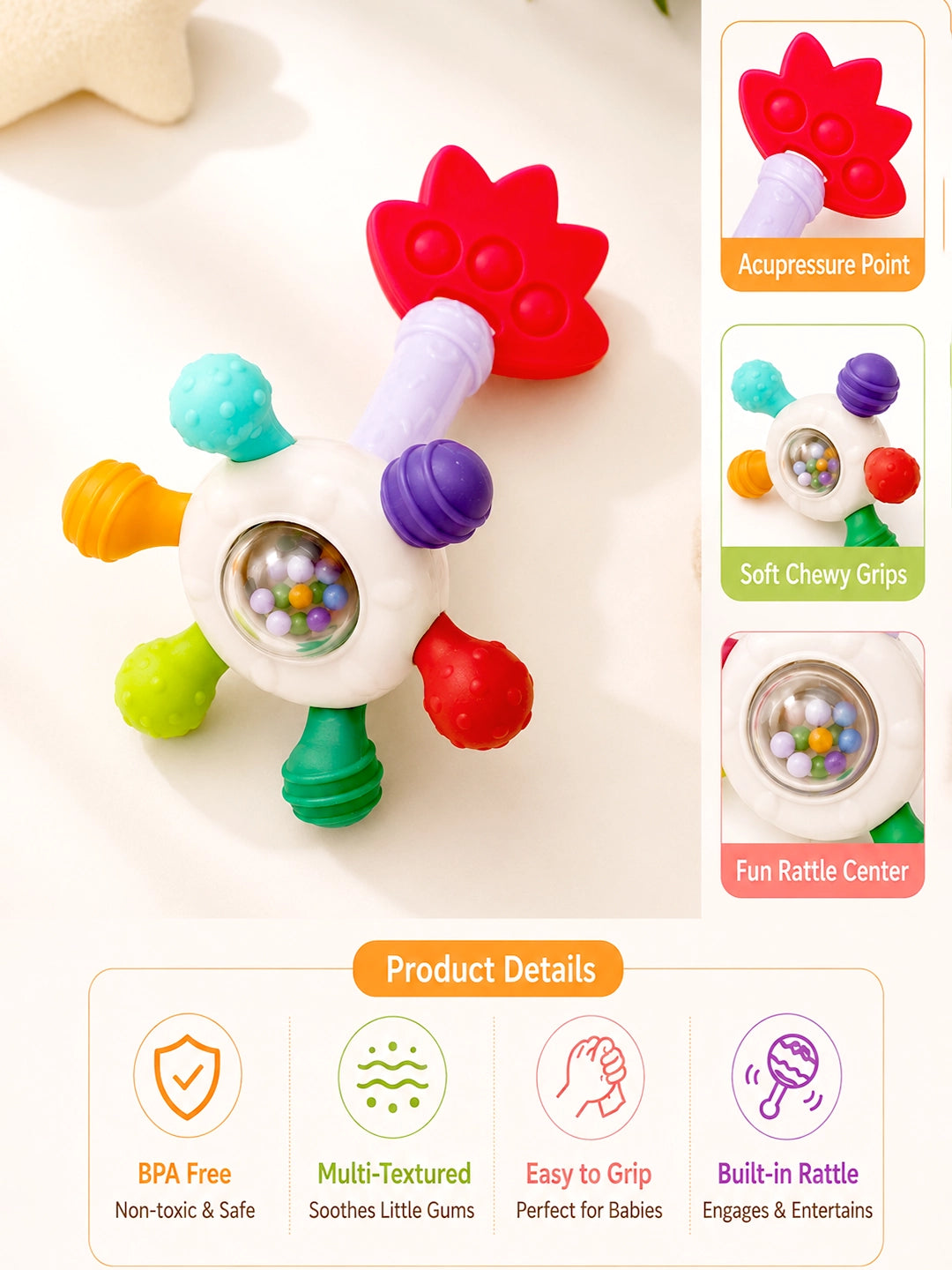 Multi-Texture Flower Baby Teether Rattle | BPA-Free | Sensory Play | 0–12 Months