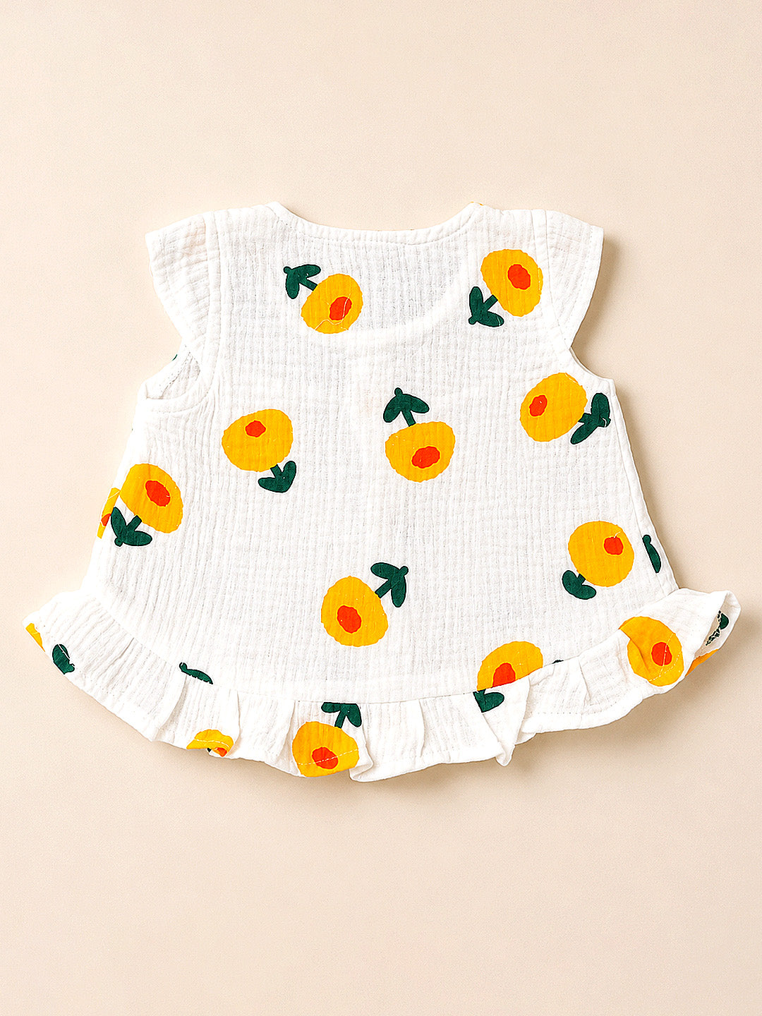 Sunny Flower Baby Girl Muslin Frock | Sleeveless Flutter Sleeve Dress with Ruffle Hem | Button Front