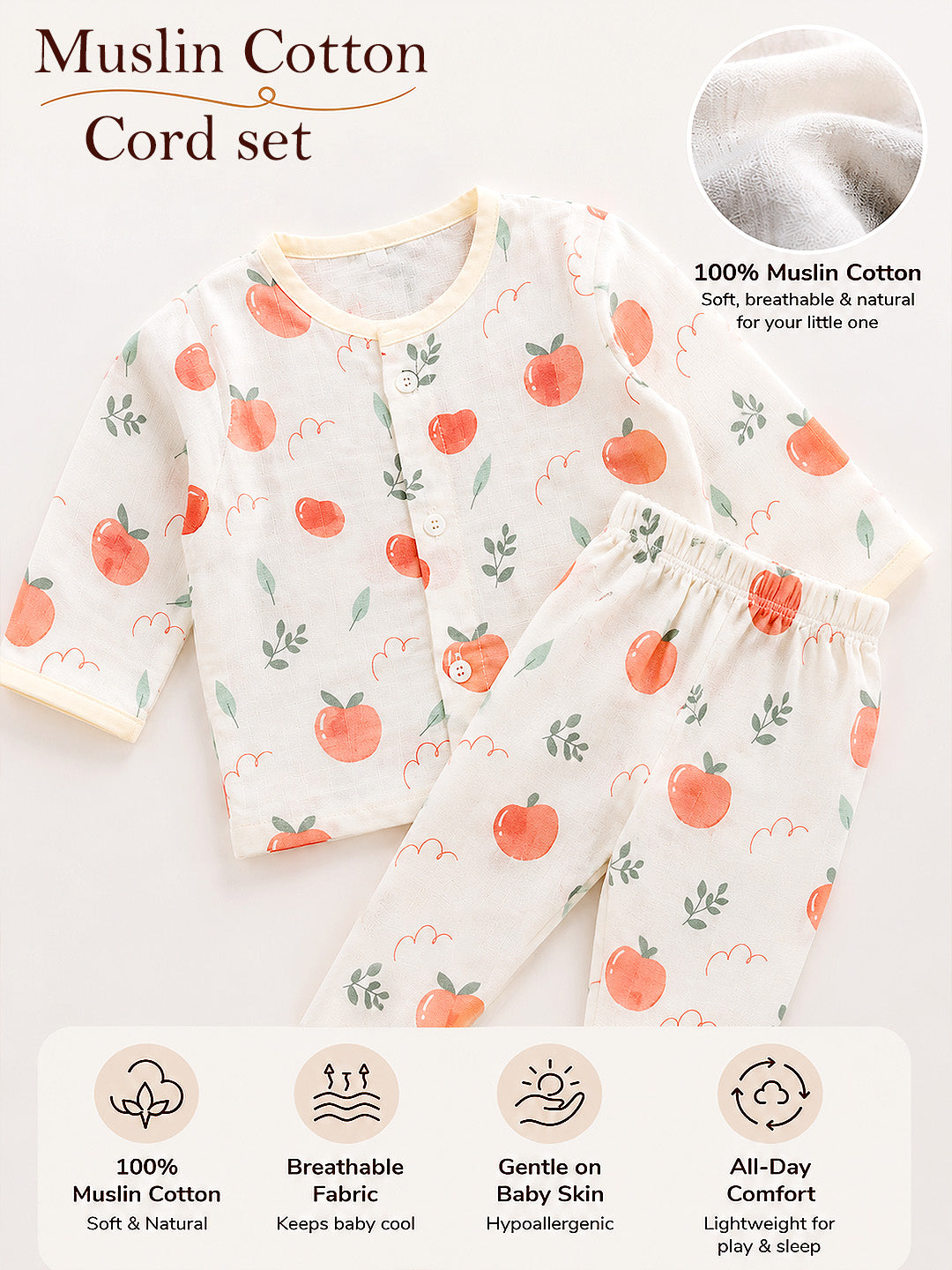 Little Oranges Baby Co-ord Set | Muslin Cotton | Full Sleeve Top & Full Pants | 0–12 Months