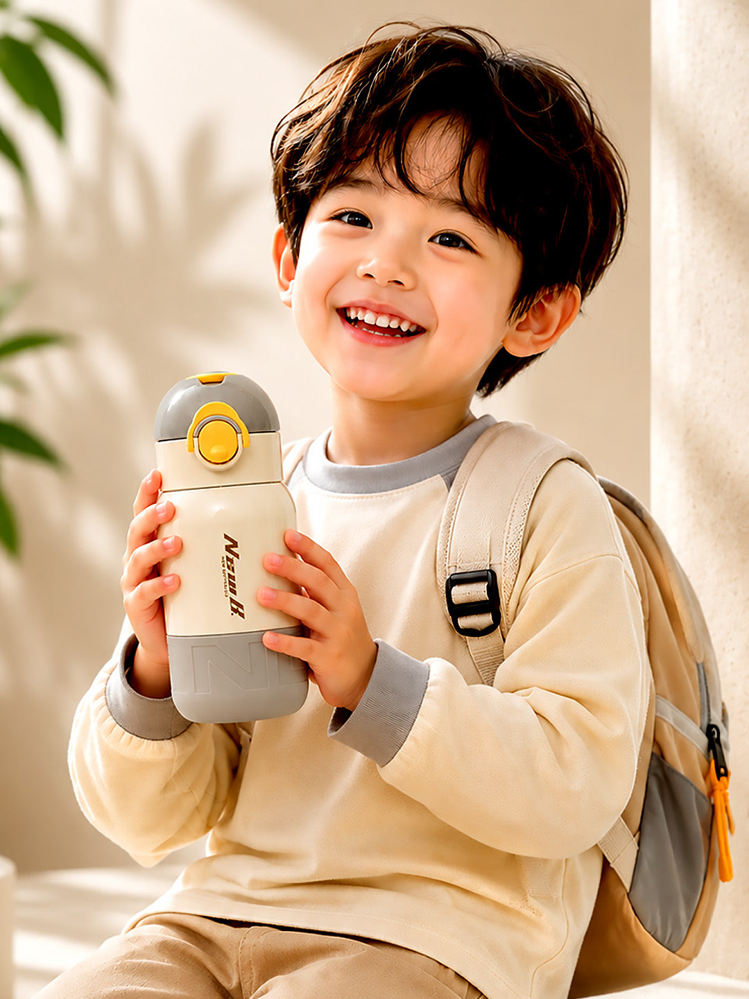 Grey & Yellow Stainless Steel Kids Water Bottle — 480ml | Flip-Lock Straw Lid & Carry Loop