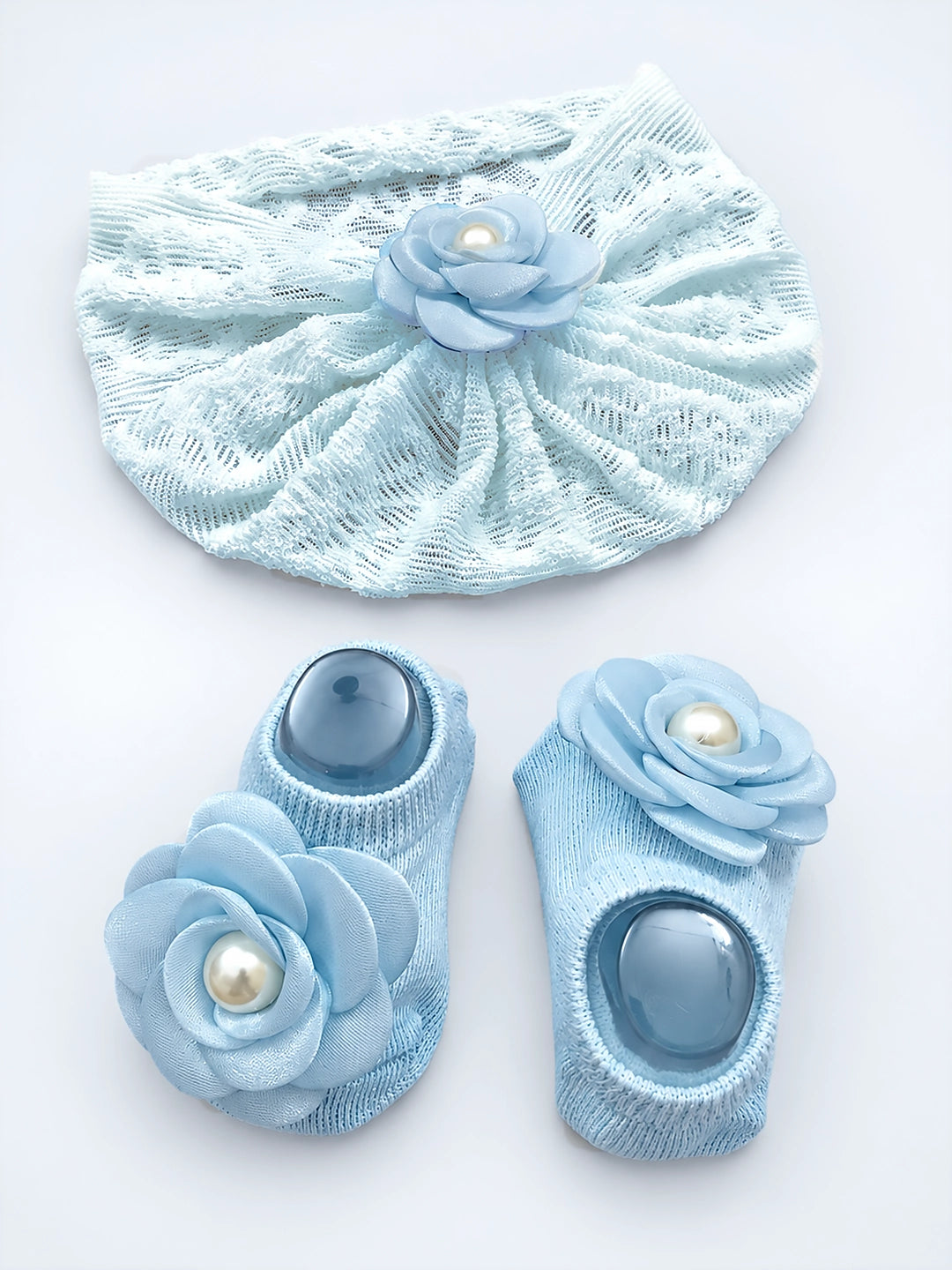 Blue 3D Rose Turban Cap & Pearl Flower Booties Set | Lace Knit | Baby Girls 0–12 Months