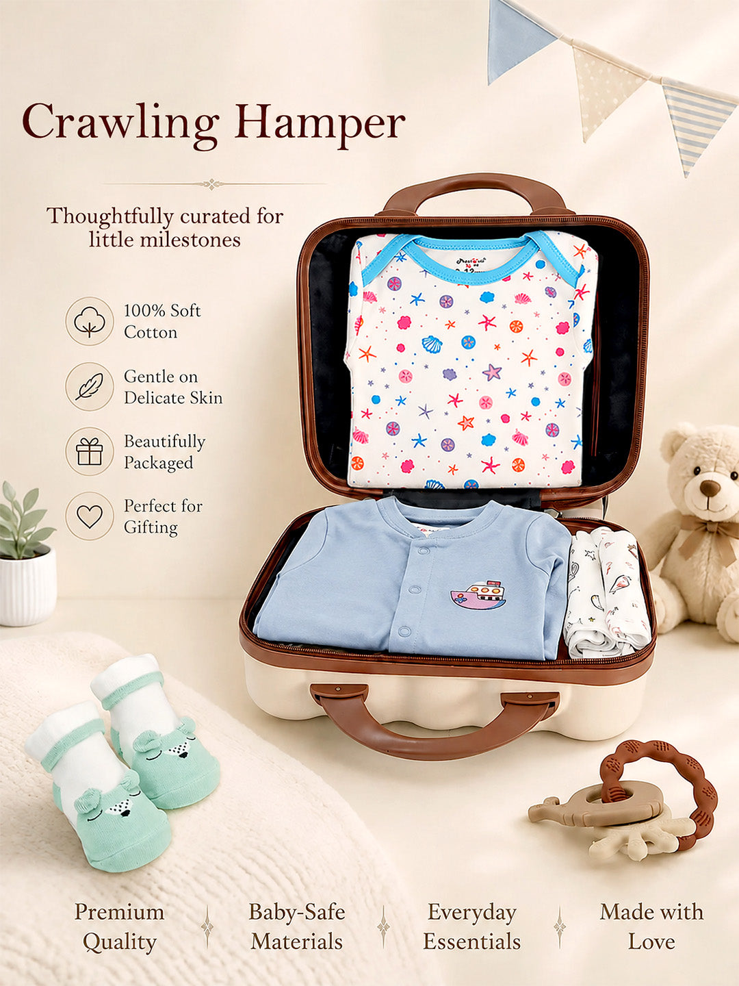 Crawling Baby | Annaprashana Ceremony | 22-Piece Gift set | Pure Cotton | Keepsake Suitcase | 6–12 Months