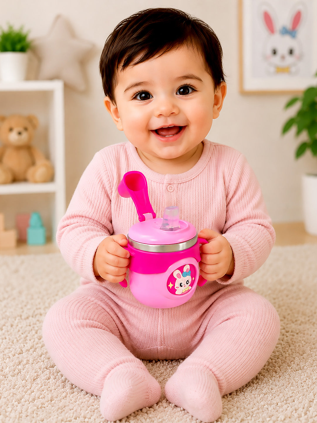 Bunny Stainless Steel Sipper Bottle for Babies & Toddlers — 250ml | Spill-Proof Spout & Flip-Top Straw
