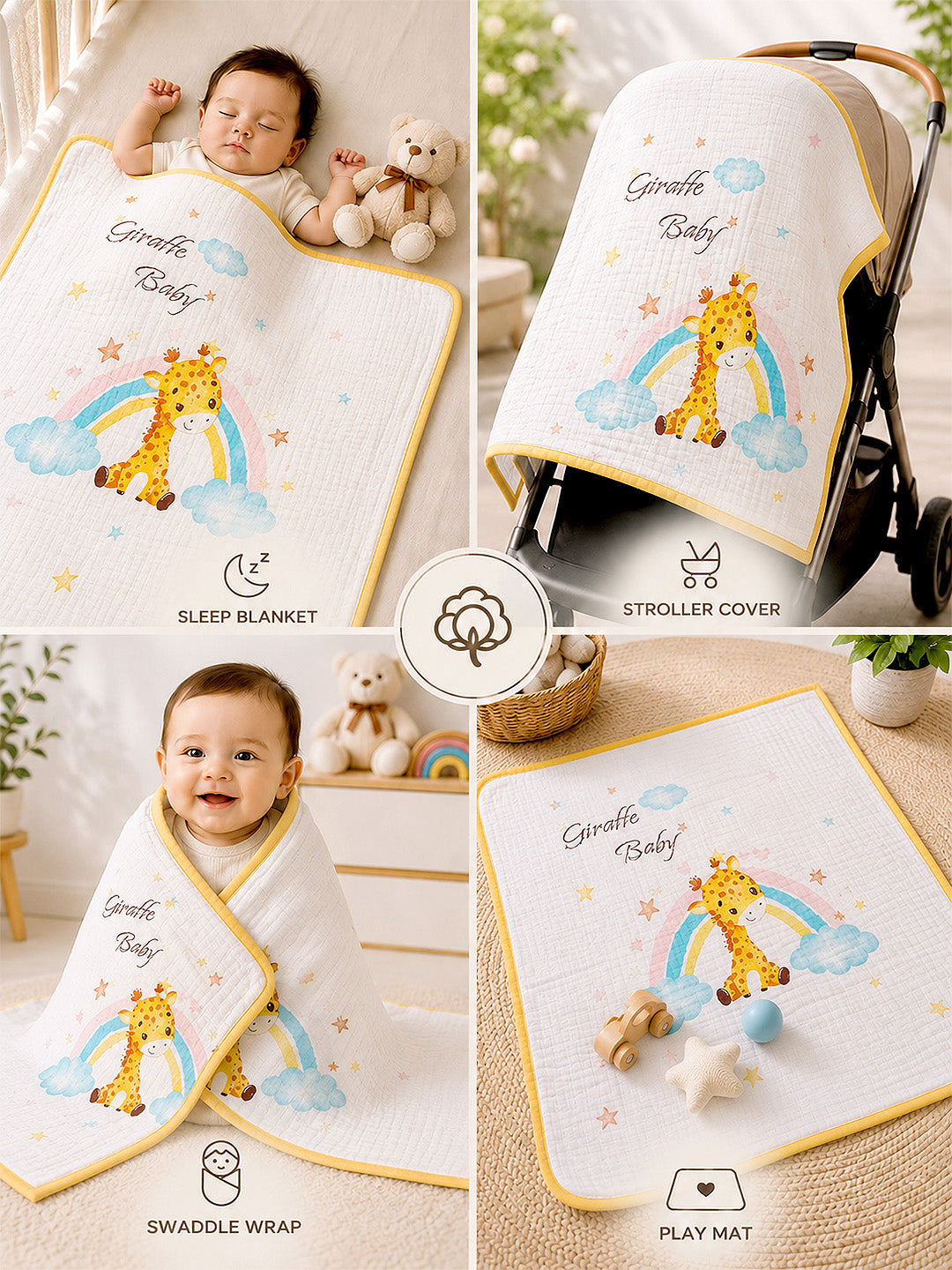 Giraffe Baby Rainbow 6-Layer Muslin Cotton Baby Blanket | All-Season | 102×102 cm