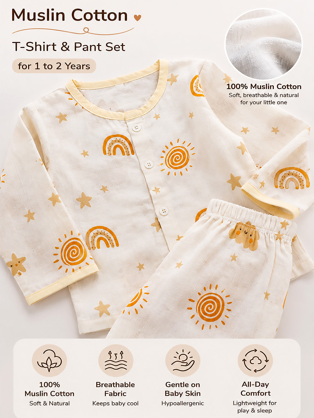 Sunshine & Rainbow Baby Pyjama Set | Muslin Cotton | Full Sleeve Top & Full Pants | 1 Yrs