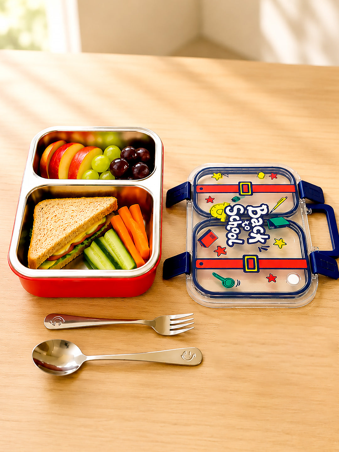 Back to School 2-Compartment Kids Steel Tiffin Lunch Box | Leak-Proof | Fork & Spoon Included