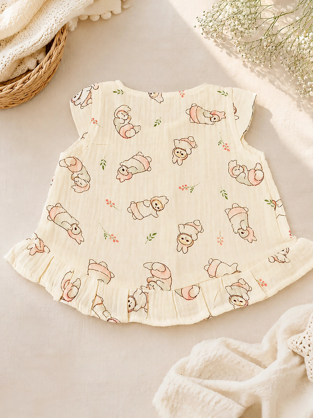 Bunny Bear Baby Frock | Muslin Cotton | Sleeveless Ruffle Hem Dress | 0–6 Months
