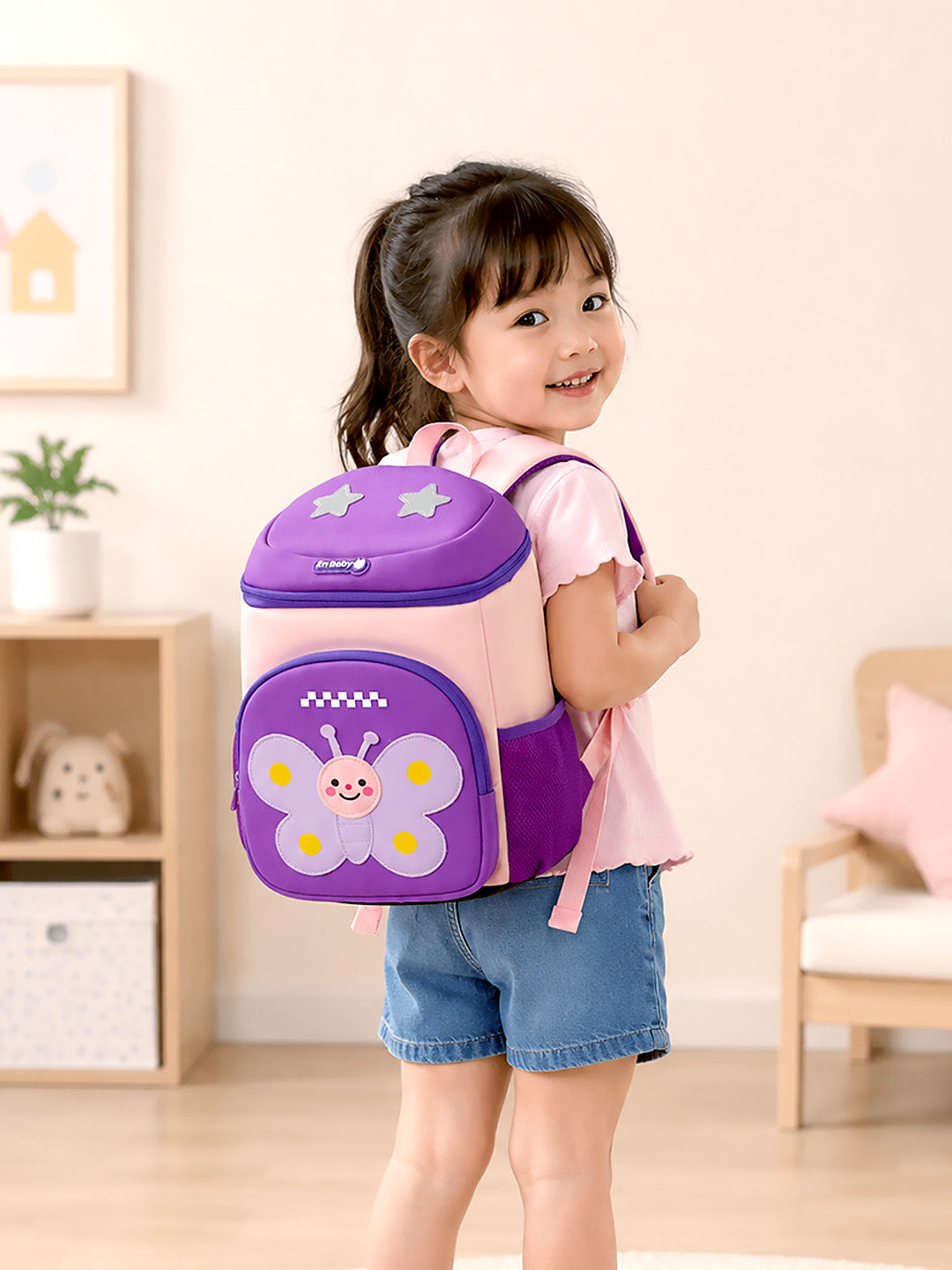 Purple Butterfly Neoprene Kids Backpack with Safety Leash – Girls Toddler School Bag