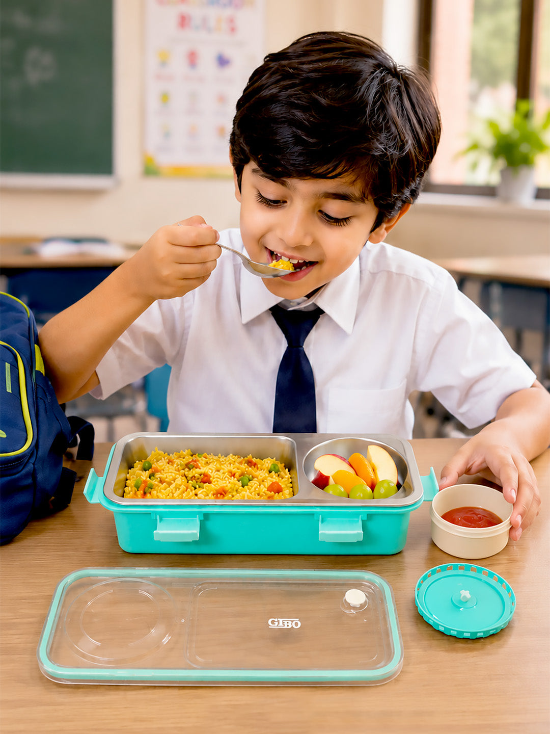 2-Compartment Kids Stainless Steel Lunch Box | Leak-Proof | Fork, Spoon & Sauce Container Included