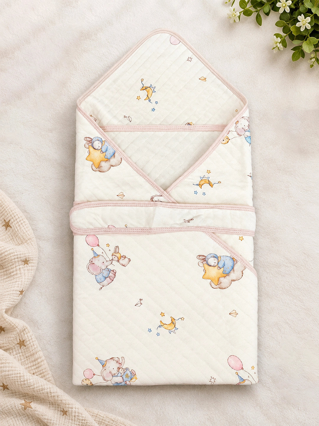 Dreamy Elephant & Bunny 6-Layer Muslin Cotton Baby Swaddle Blanket | 4-in-1 | 85×85 cm